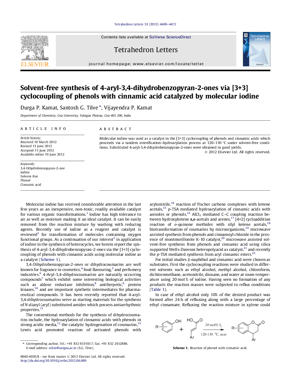 Solvent-free synthesis of 4-aryl-3,4-dihydrobenzopyran-2-ones via [3+3] cyclocoupling of phenols with cinnamic acid catalyzed by molecular iodine