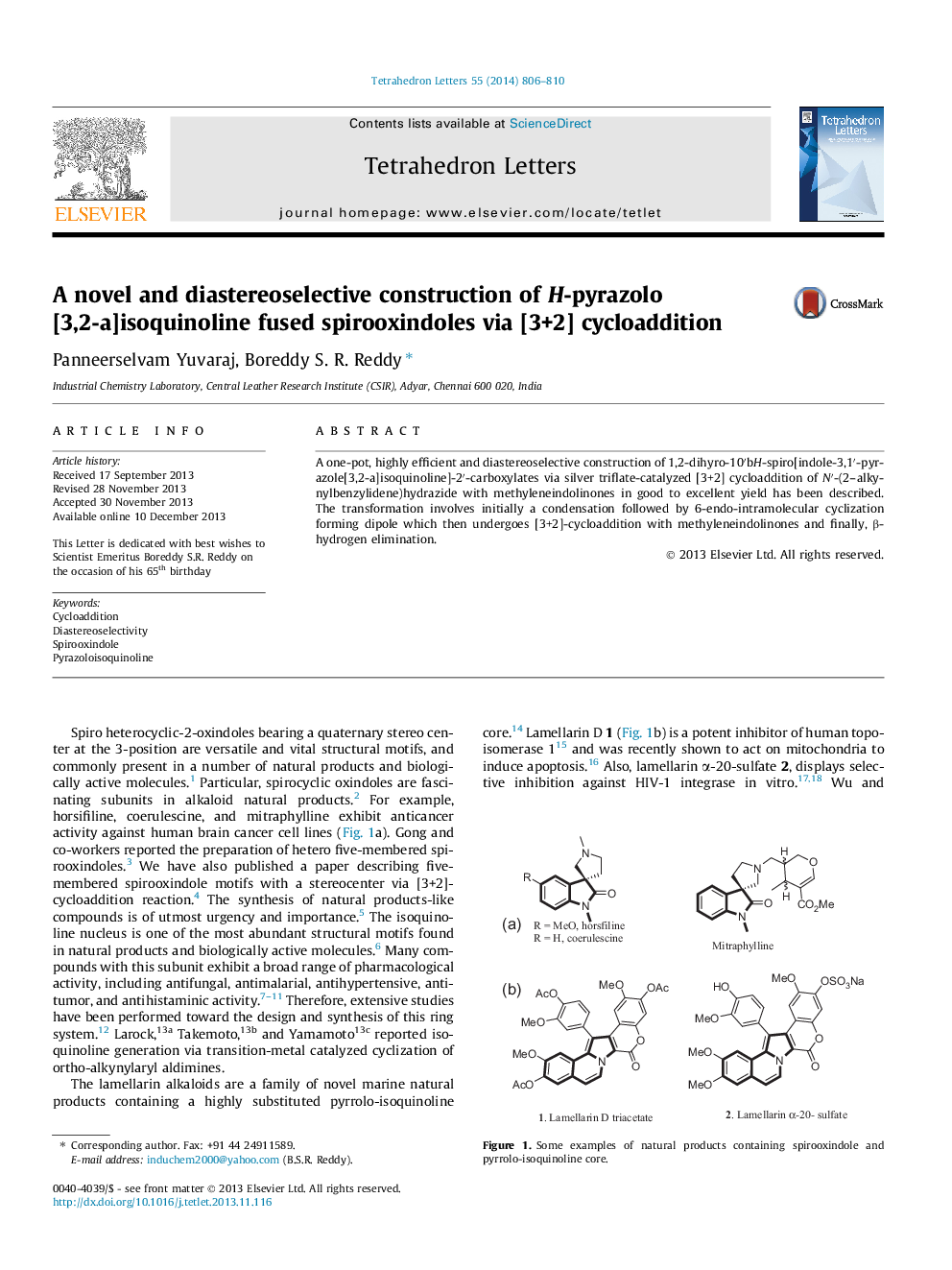 A novel and diastereoselective construction of H-pyrazolo[3,2-a]isoquinoline fused spirooxindoles via [3+2] cycloaddition