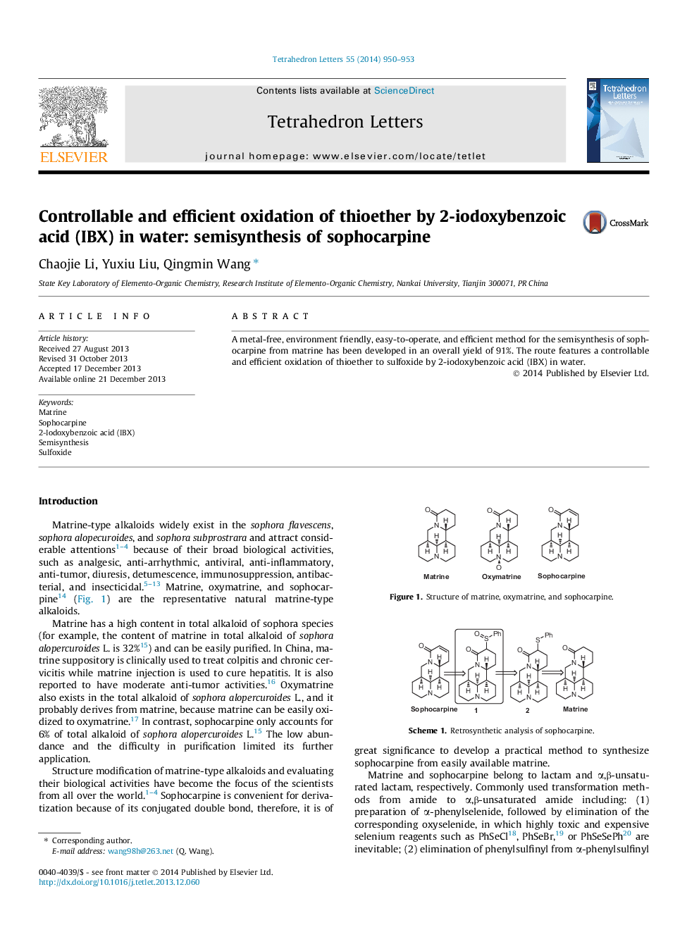 Controllable and efficient oxidation of thioether by 2-iodoxybenzoic acid (IBX) in water: semisynthesis of sophocarpine