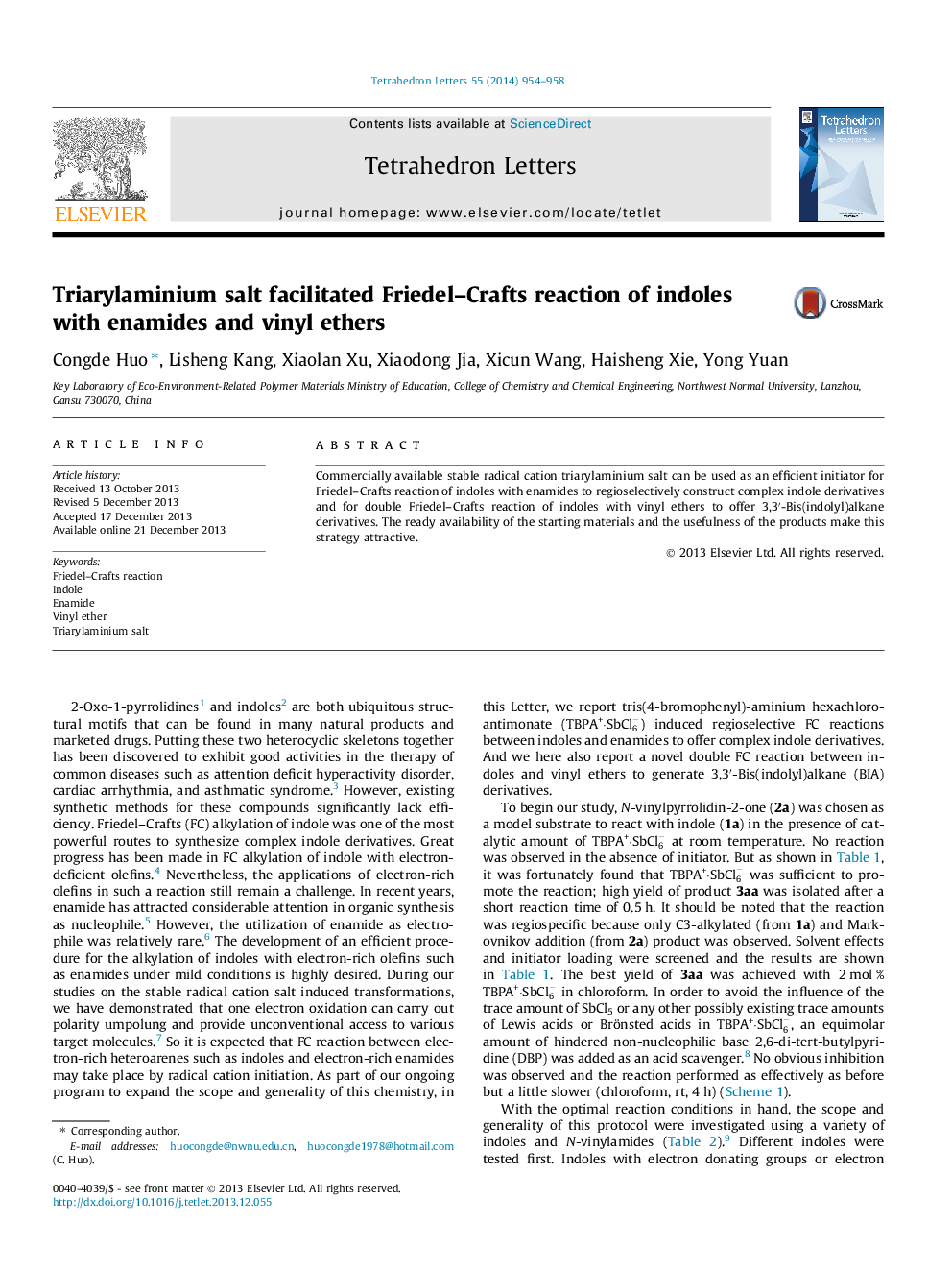 Triarylaminium salt facilitated Friedel-Crafts reaction of indoles with enamides and vinyl ethers