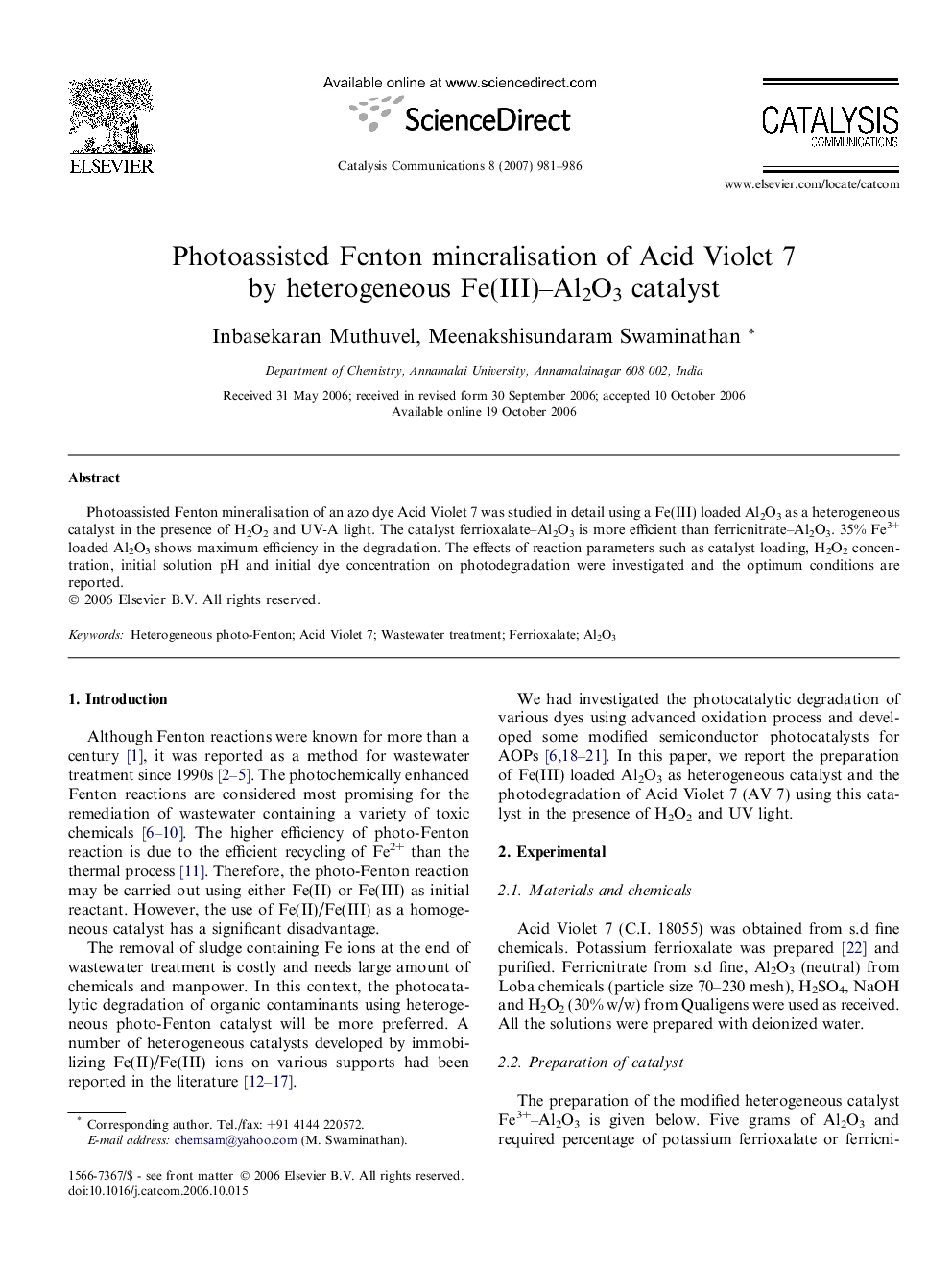 Photoassisted Fenton mineralisation of Acid Violet 7 by heterogeneous Fe(III)–Al2O3 catalyst