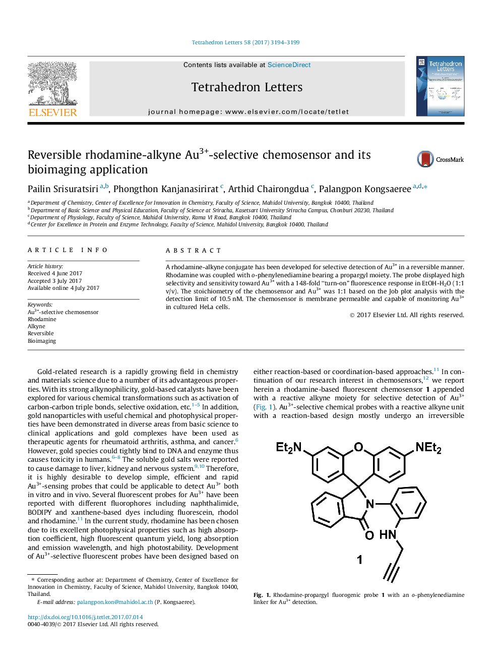 Reversible rhodamine-alkyne Au3+-selective chemosensor and its bioimaging application
