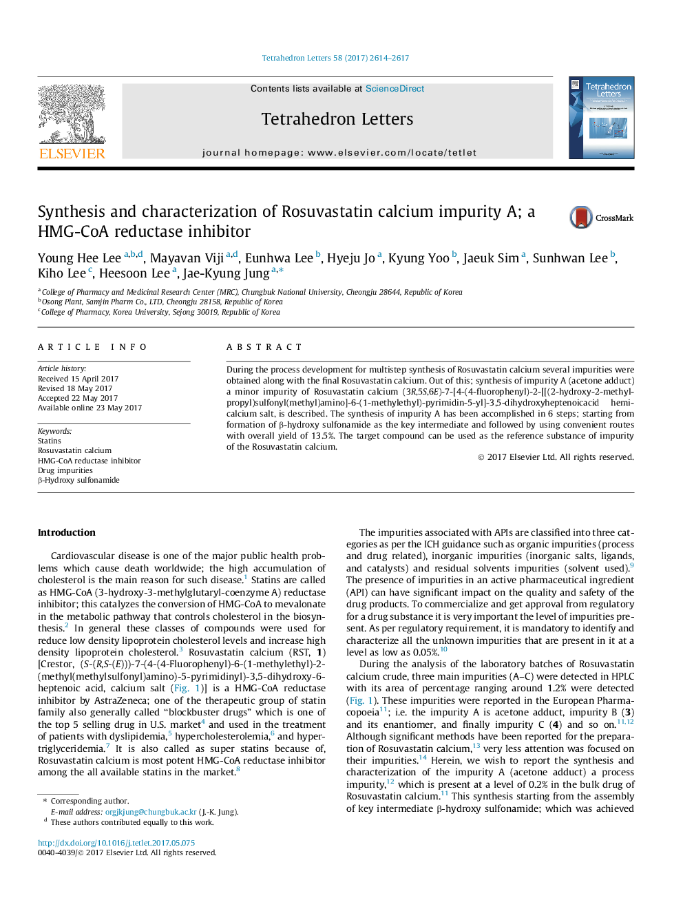 Synthesis and characterization of Rosuvastatin calcium impurity A; a HMG-CoA reductase inhibitor