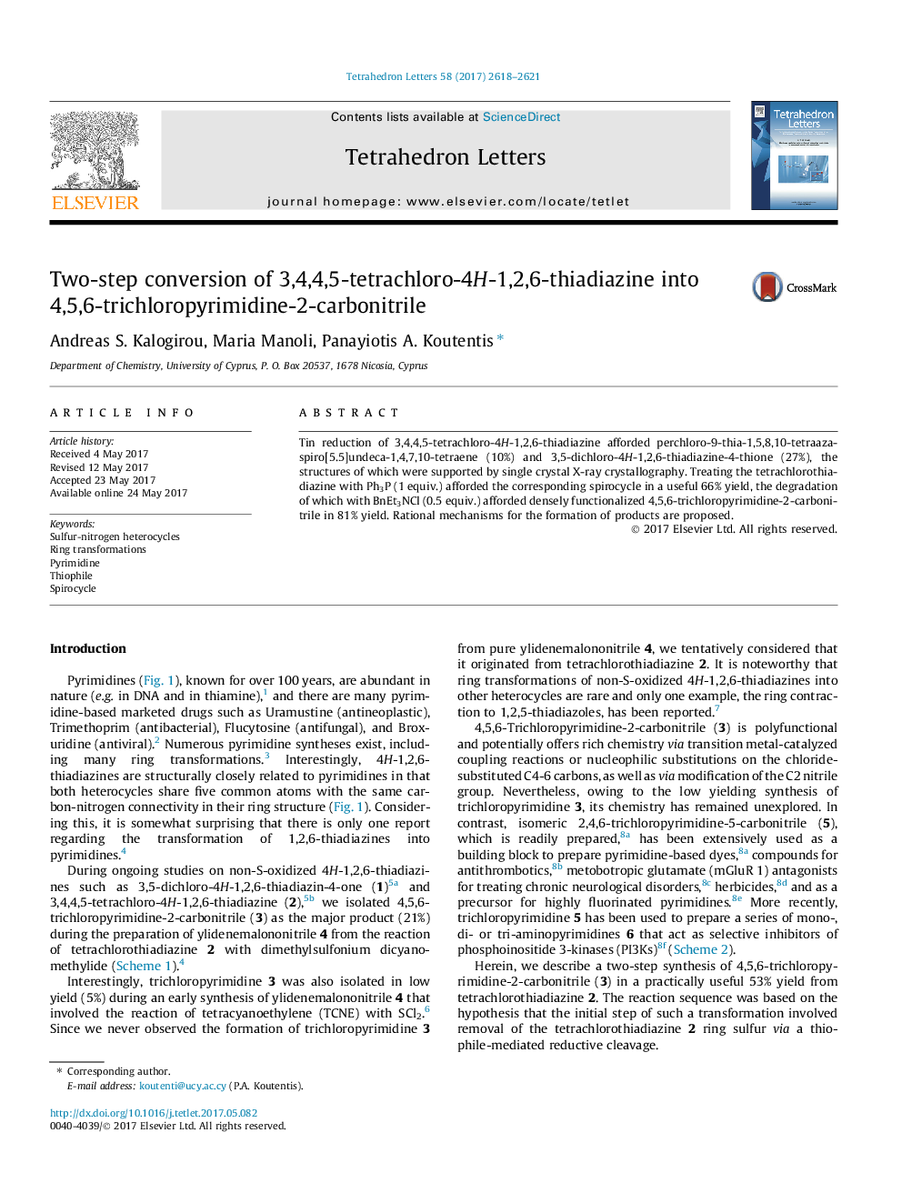 Two-step conversion of 3,4,4,5-tetrachloro-4H-1,2,6-thiadiazine into 4,5,6-trichloropyrimidine-2-carbonitrile