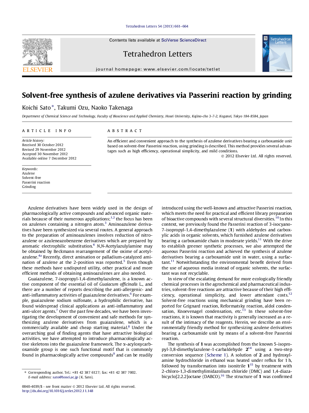 Solvent-free synthesis of azulene derivatives via Passerini reaction by grinding