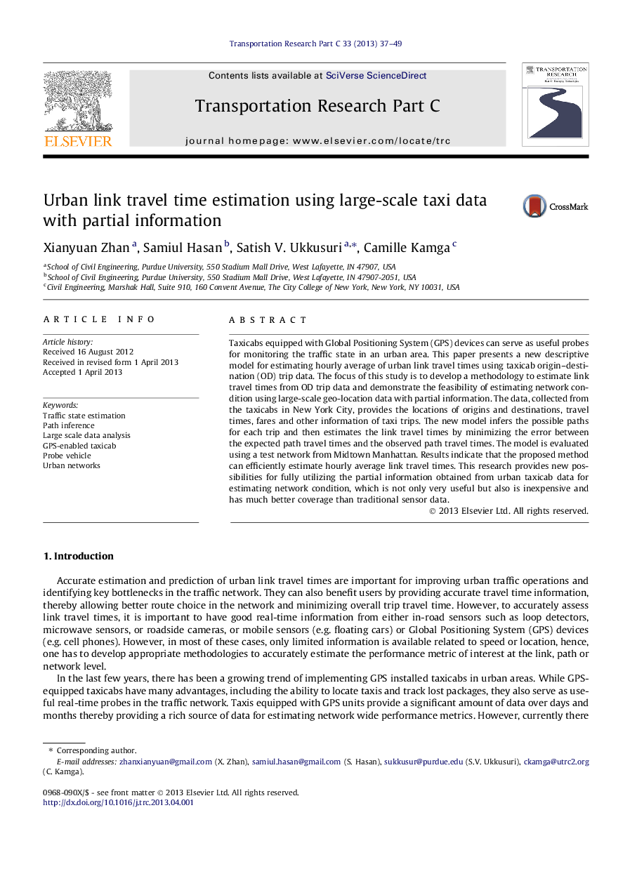 Urban link travel time estimation using large-scale taxi data with partial information