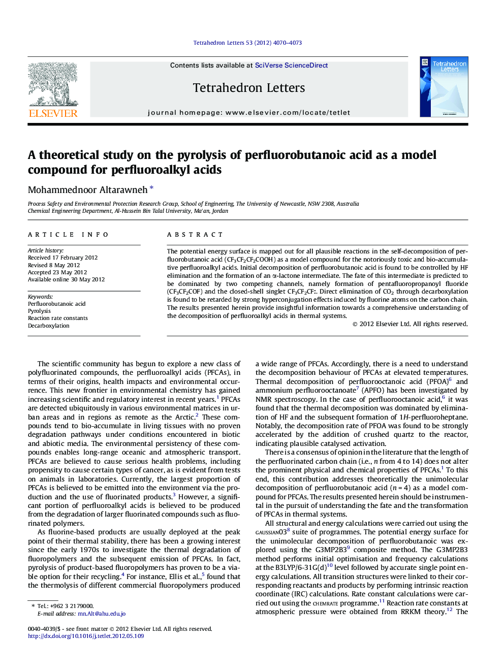 A theoretical study on the pyrolysis of perfluorobutanoic acid as a model compound for perfluoroalkyl acids