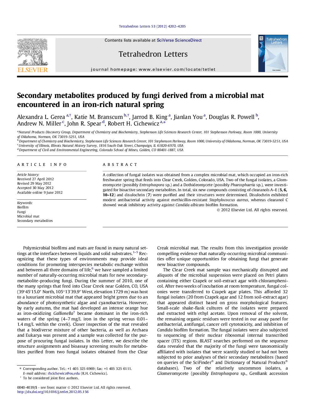 Secondary metabolites produced by fungi derived from a microbial mat encountered in an iron-rich natural spring