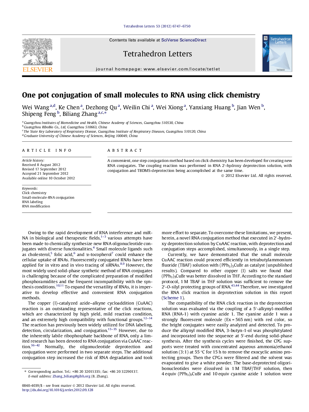 One pot conjugation of small molecules to RNA using click chemistry