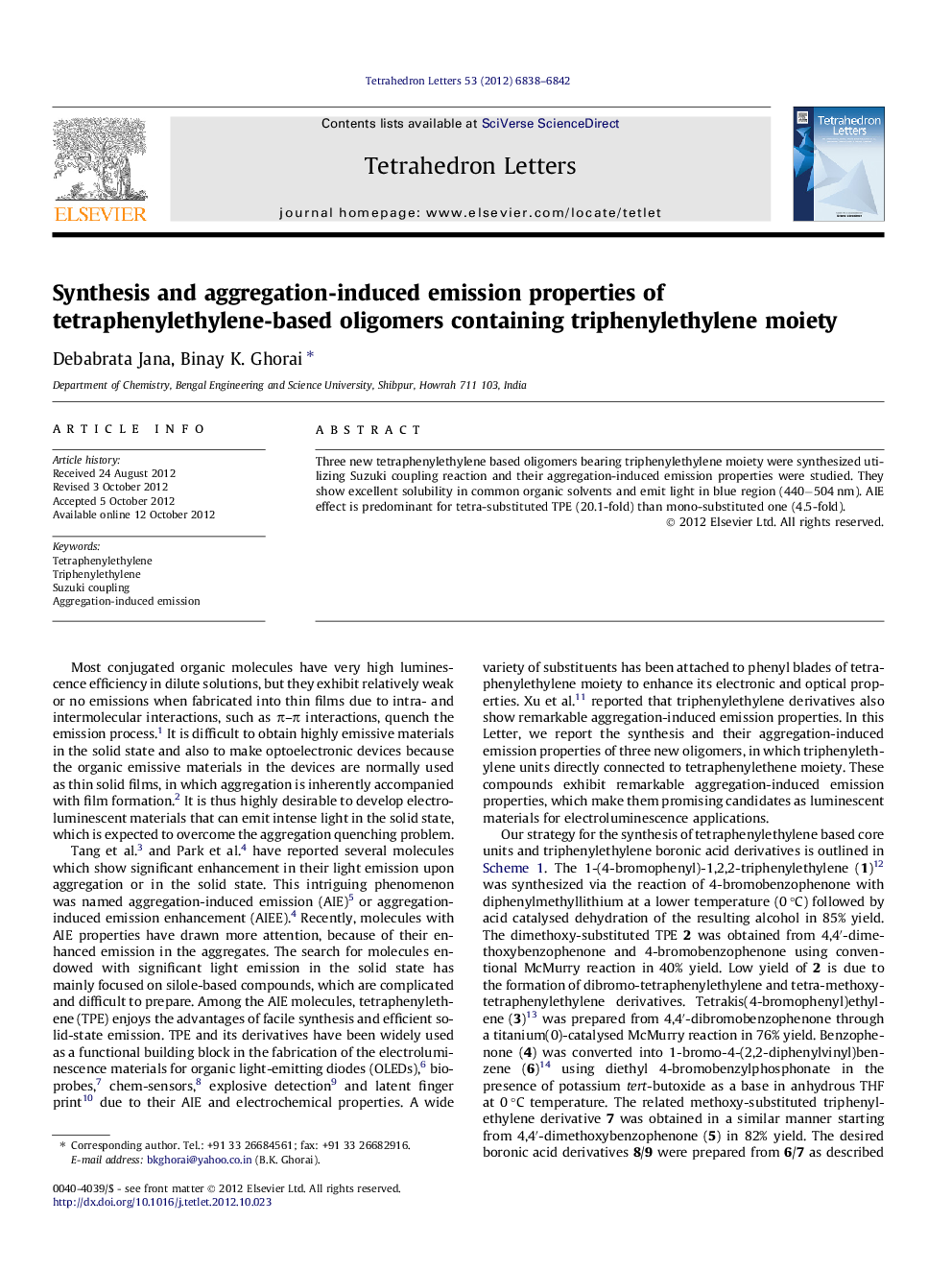 Synthesis and aggregation-induced emission properties of tetraphenylethylene-based oligomers containing triphenylethylene moiety