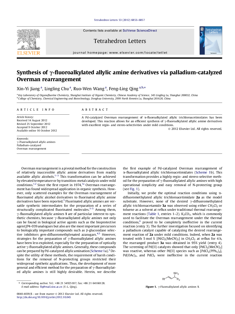 Synthesis of Î³-fluoroalkylated allylic amines derivatives via palladium-catalyzed Overman rearrangement