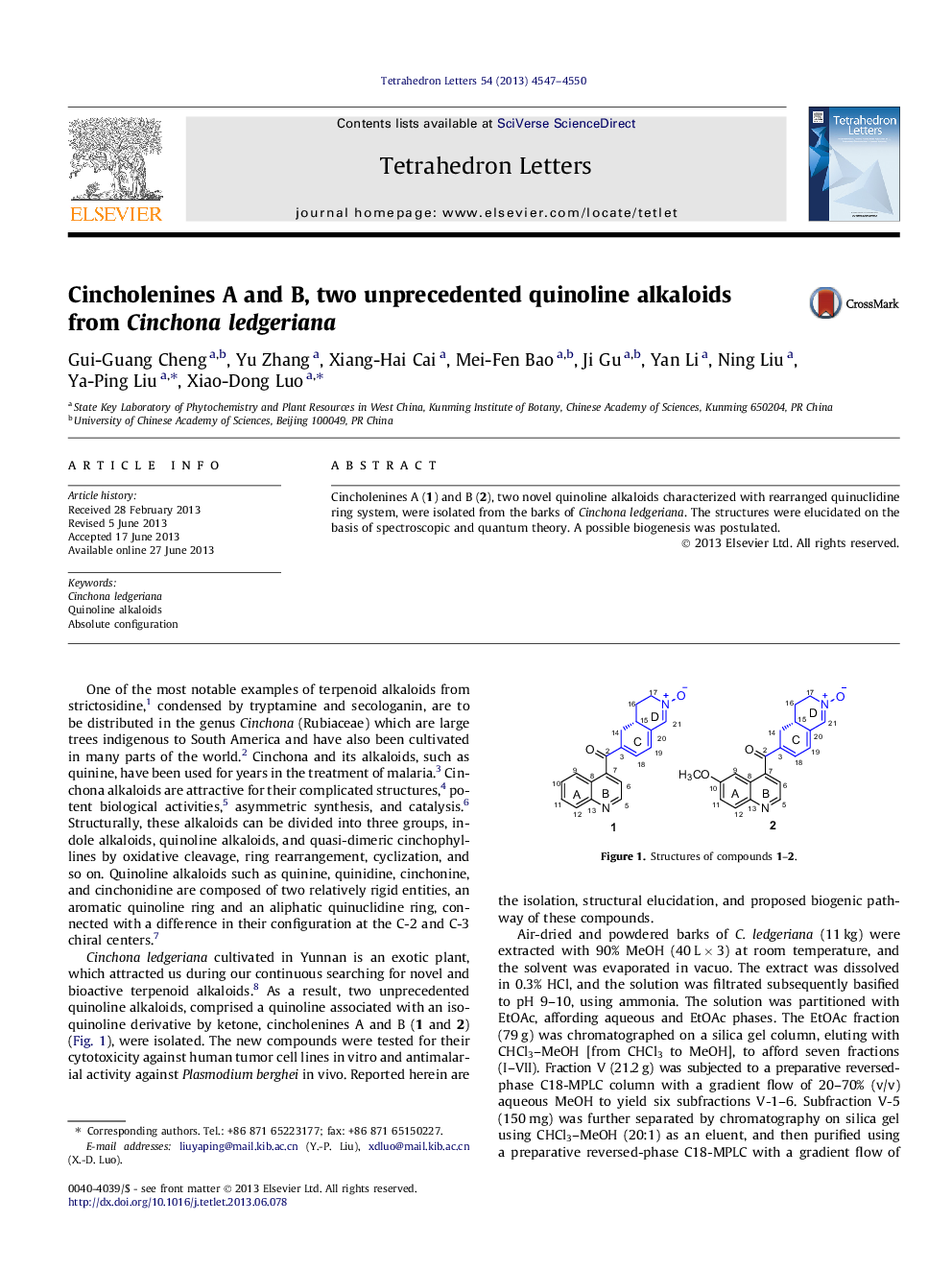 Cincholenines A and B, two unprecedented quinoline alkaloids from Cinchona ledgeriana