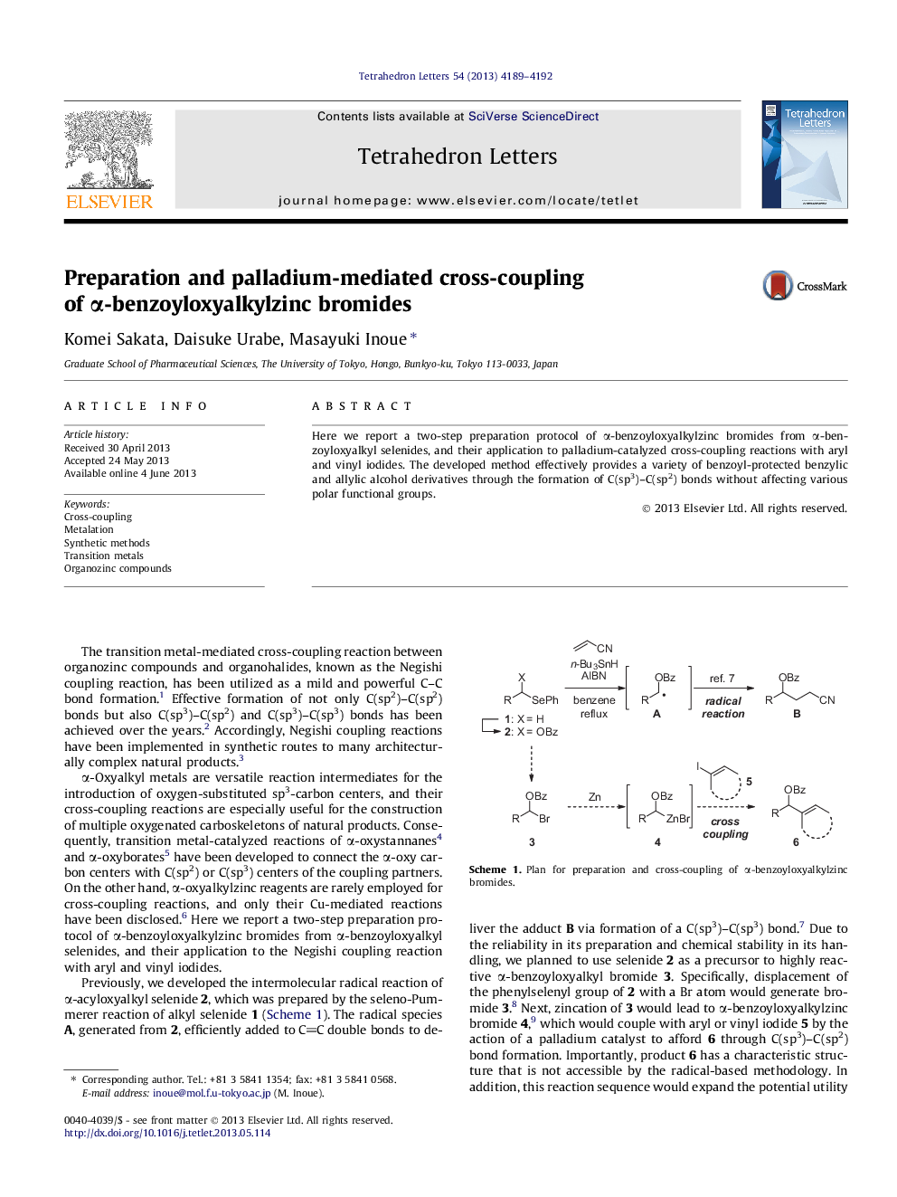 Preparation and palladium-mediated cross-coupling of Î±-benzoyloxyalkylzinc bromides