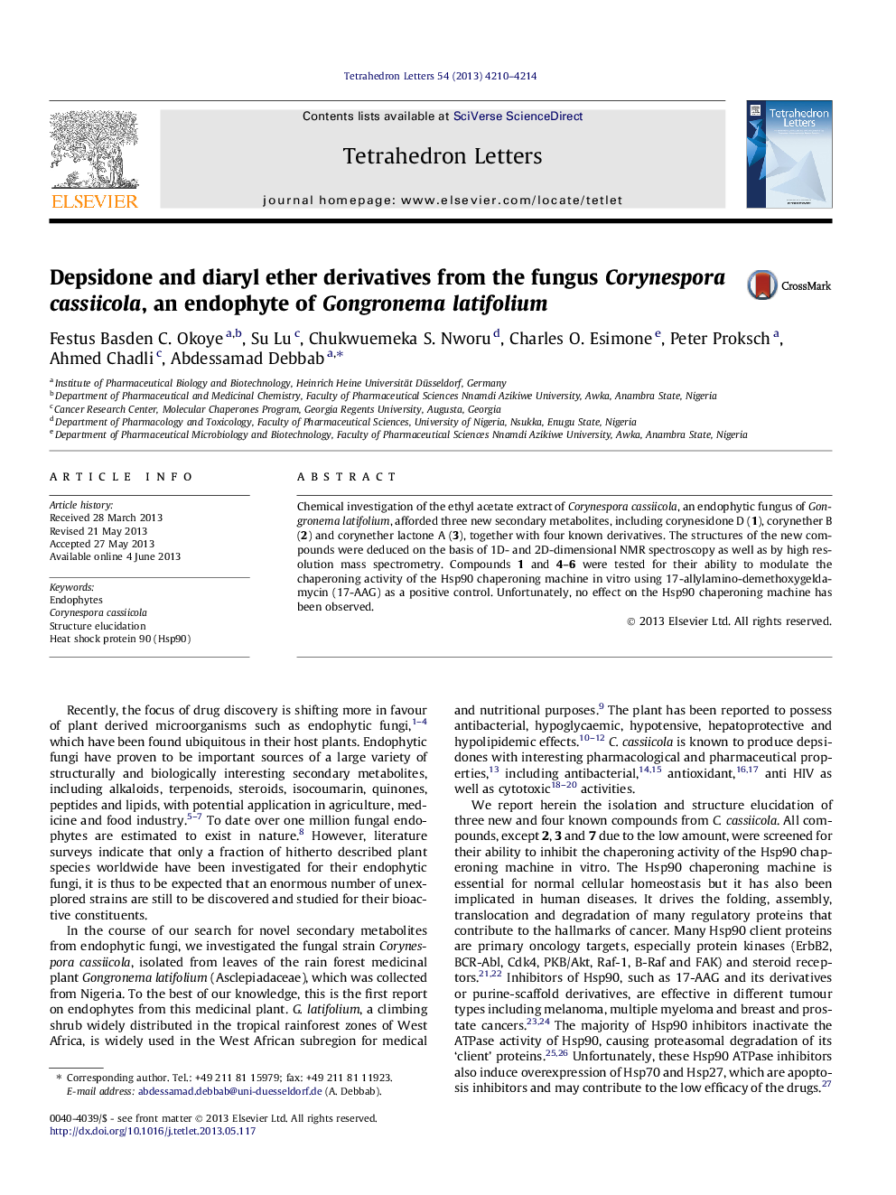 Depsidone and diaryl ether derivatives from the fungus Corynespora cassiicola, an endophyte of Gongronema latifolium