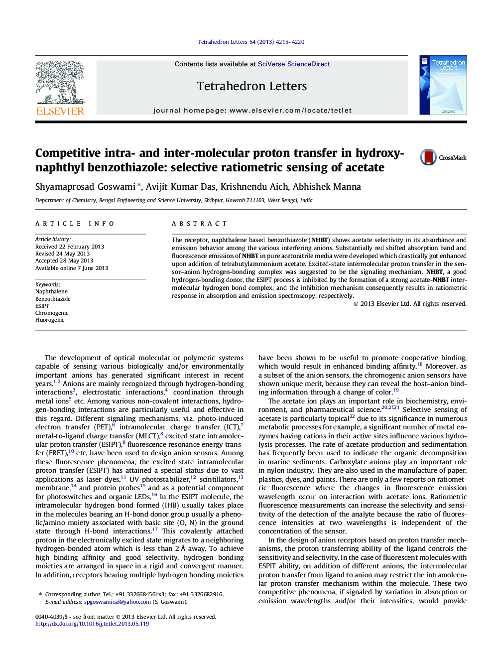 Competitive intra- and inter-molecular proton transfer in hydroxynaphthyl benzothiazole: selective ratiometric sensing of acetate