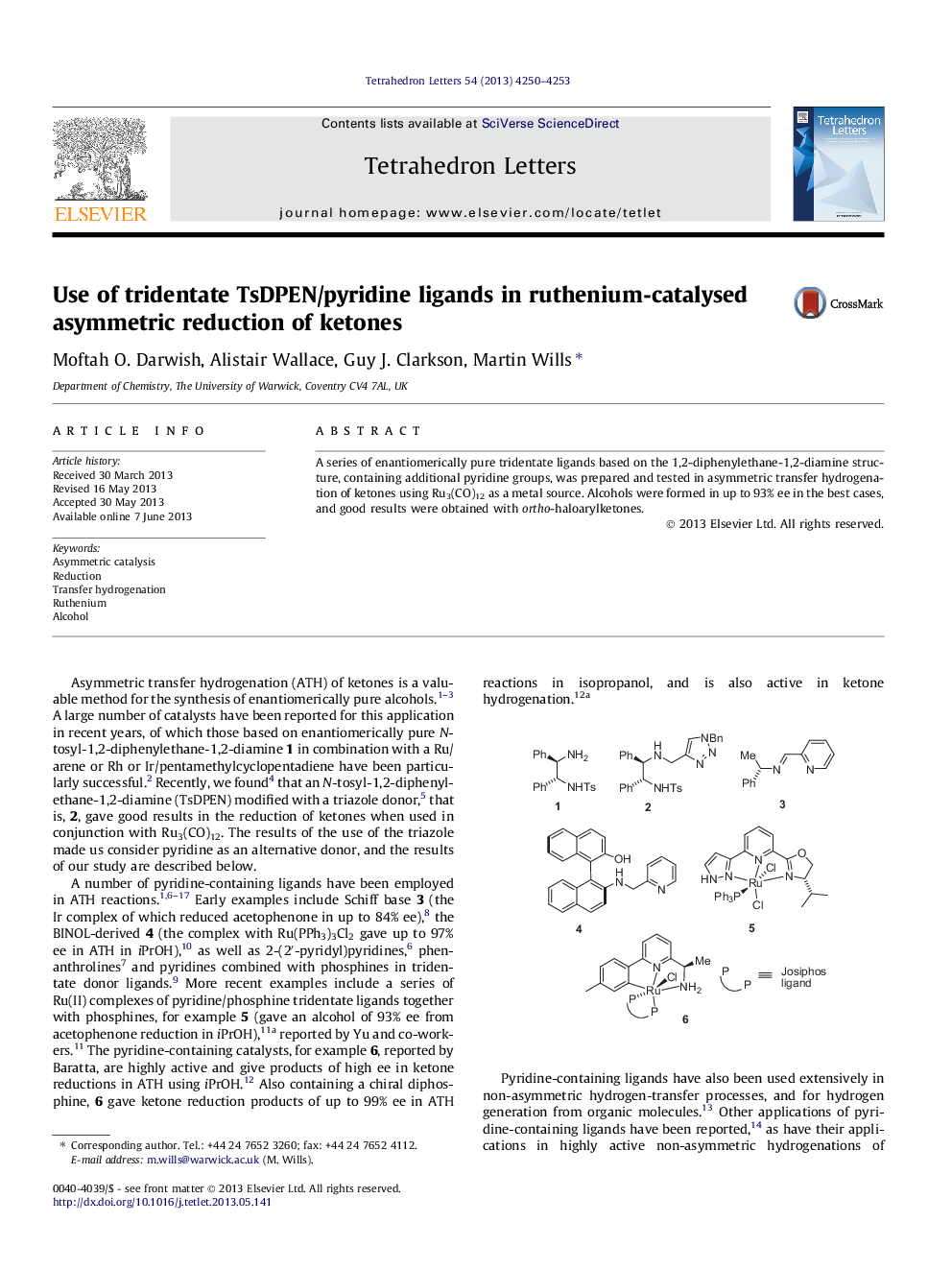 Use of tridentate TsDPEN/pyridine ligands in ruthenium-catalysed asymmetric reduction of ketones