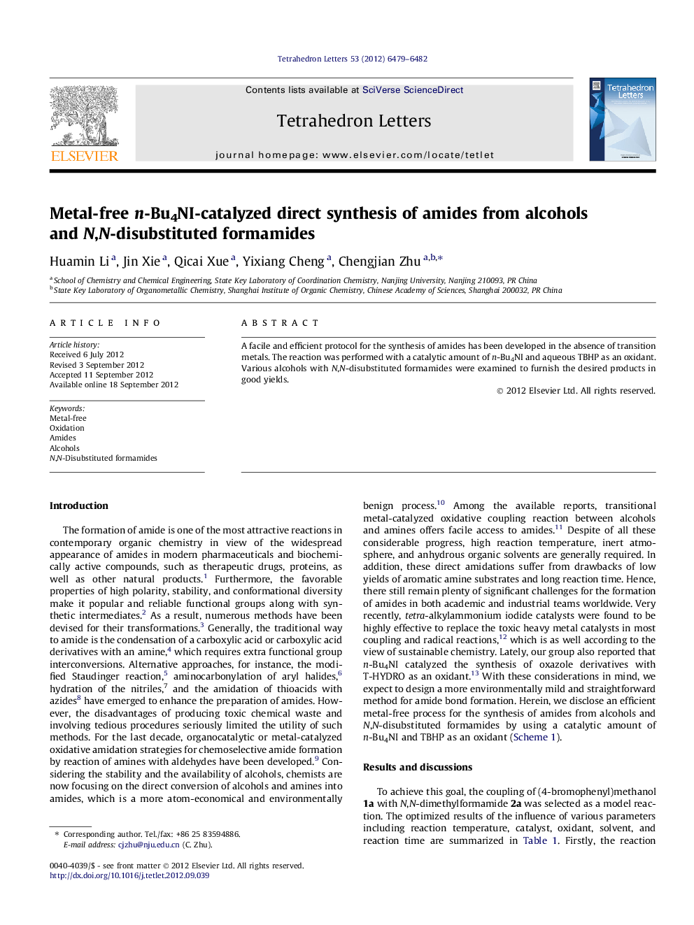 Metal-free n-Bu4NI-catalyzed direct synthesis of amides from alcohols and N,N-disubstituted formamides