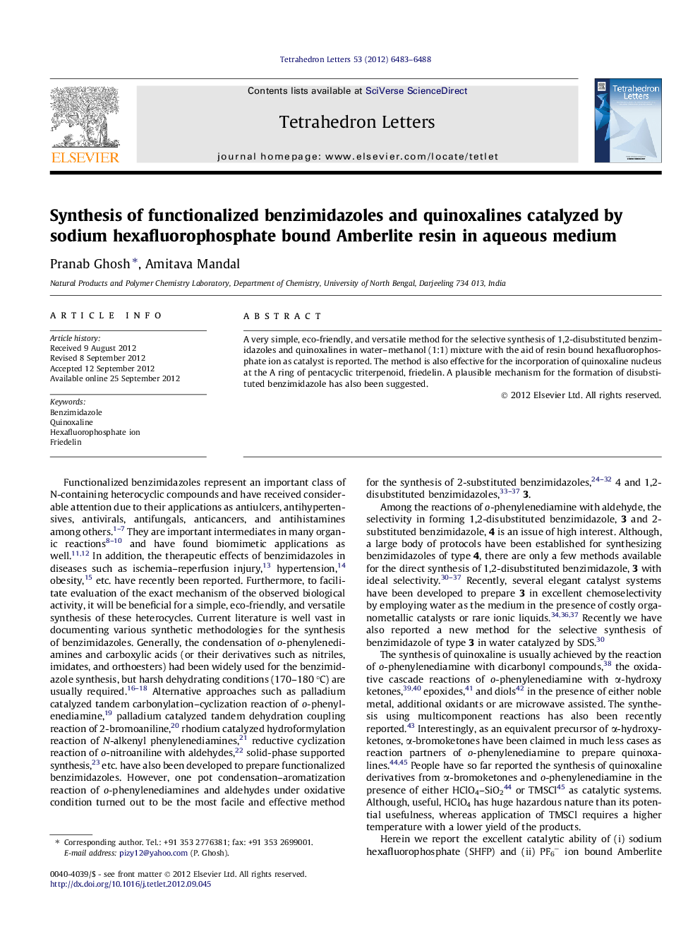 Synthesis of functionalized benzimidazoles and quinoxalines catalyzed by sodium hexafluorophosphate bound Amberlite resin in aqueous medium