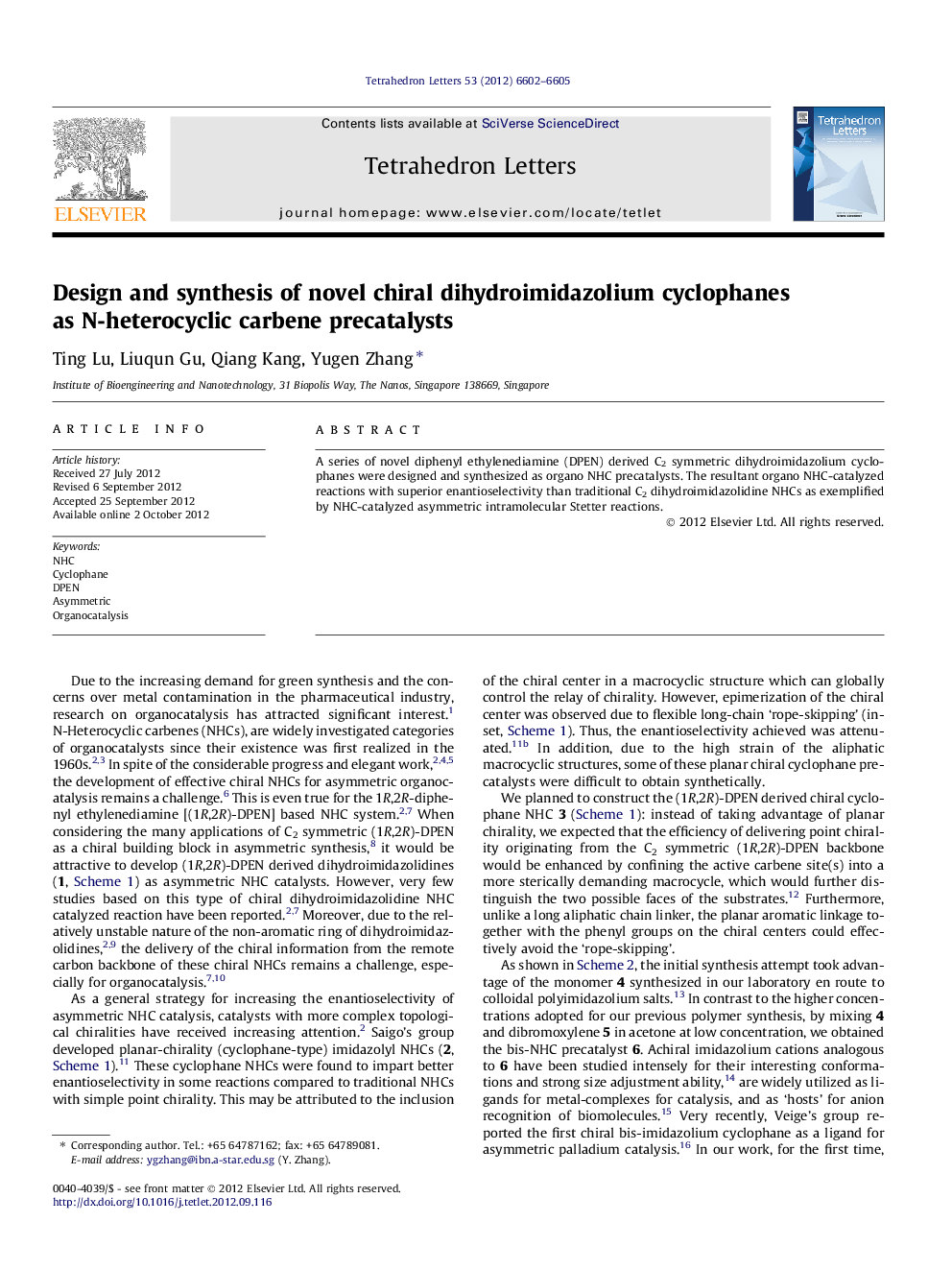 Design and synthesis of novel chiral dihydroimidazolium cyclophanes as N-heterocyclic carbene precatalysts