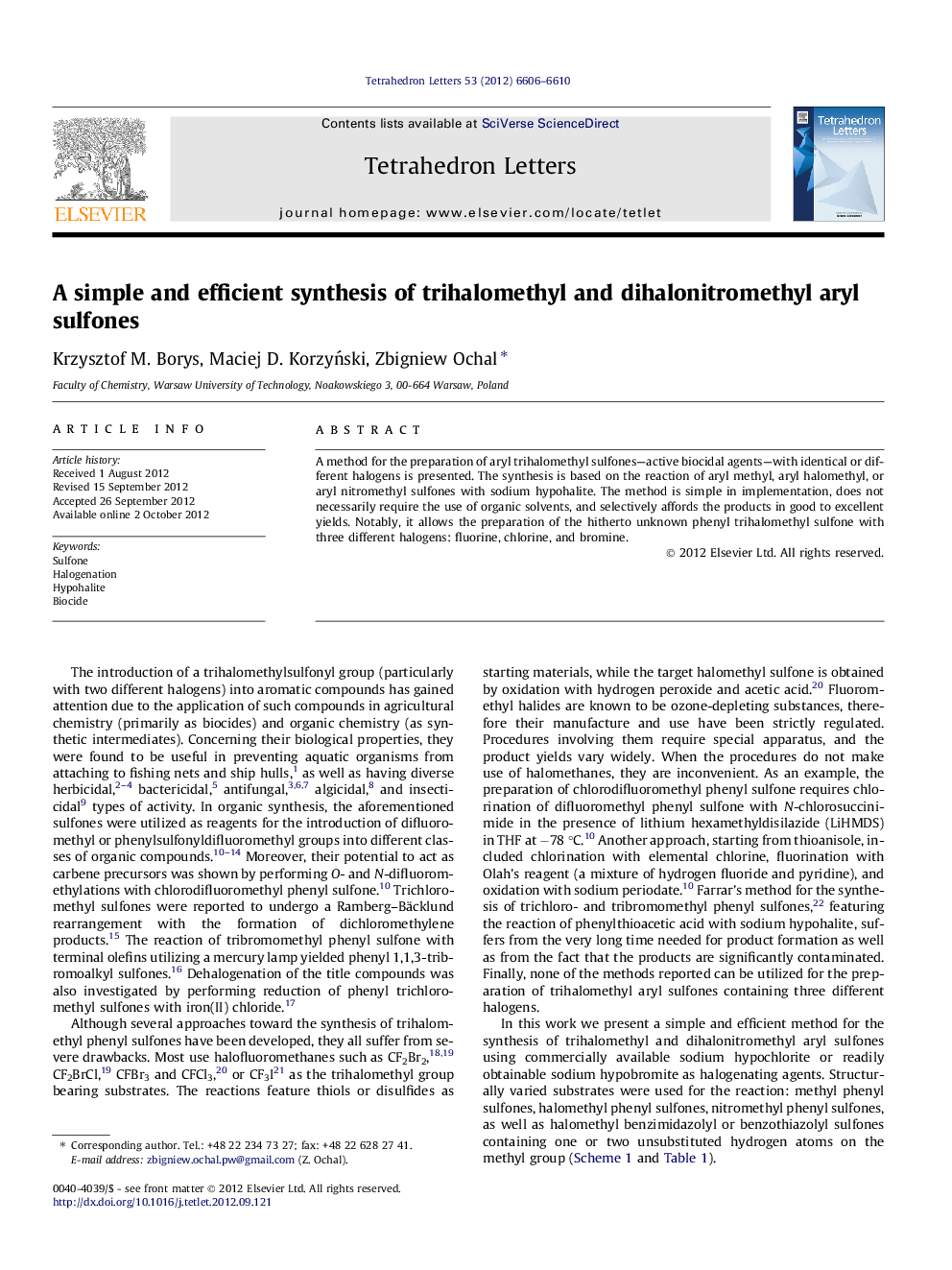 A simple and efficient synthesis of trihalomethyl and dihalonitromethyl aryl sulfones