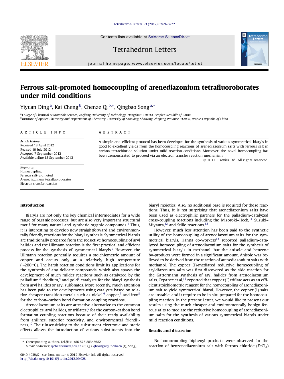 Ferrous salt-promoted homocoupling of arenediazonium tetrafluoroborates under mild conditions