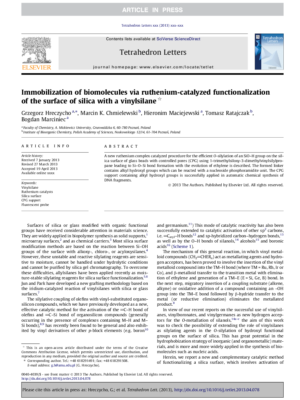 ایمولیزاسیون بیومولکول ها از طریق کارکردن کاتالیزوری روتنیوم سطح سیلیکا با وینیل سیلان 