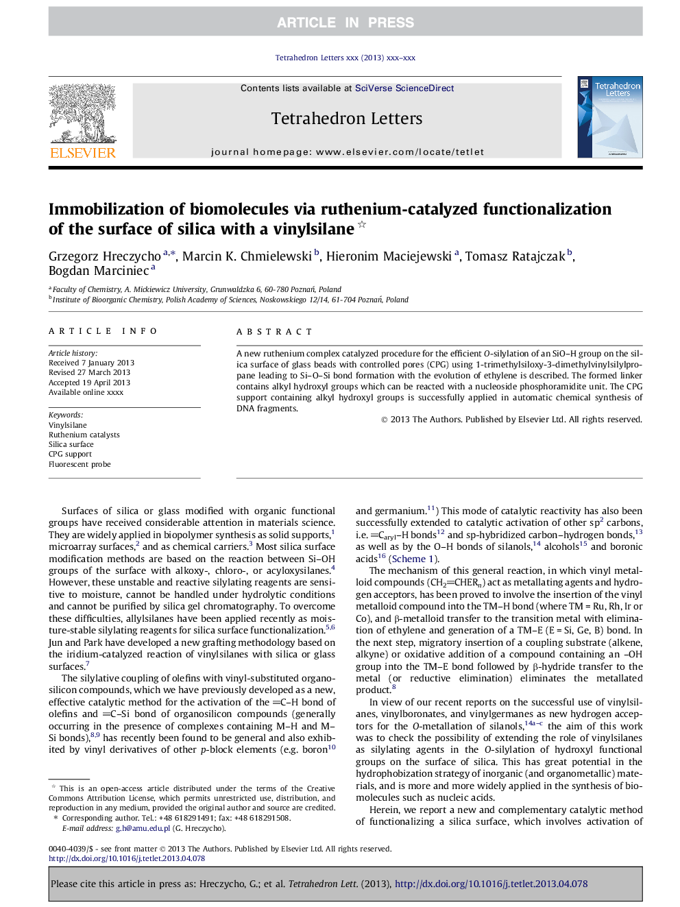 Immobilization of biomolecules via ruthenium-catalyzed functionalization of the surface of silica with a vinylsilane