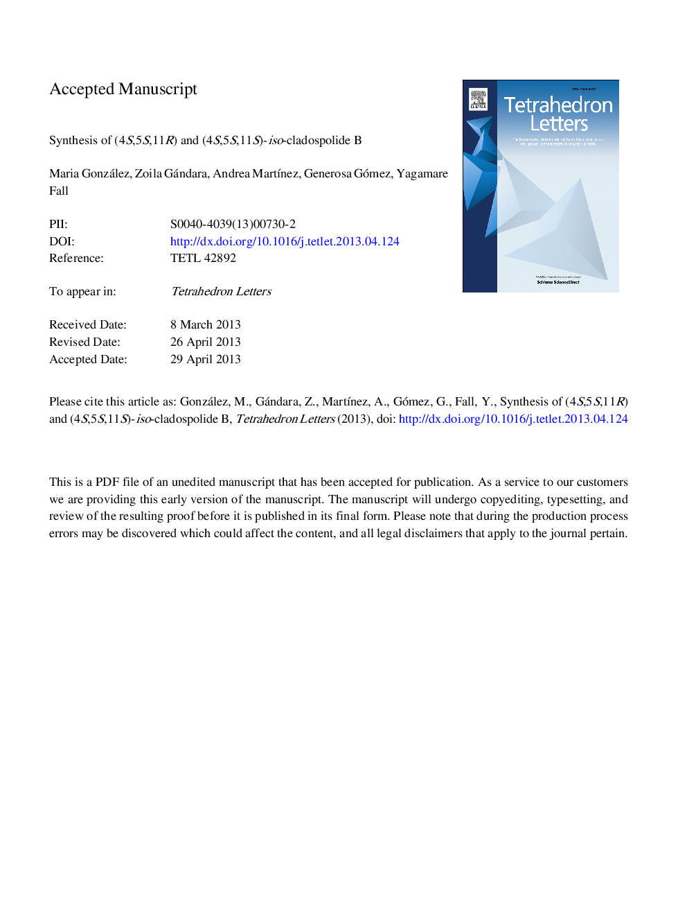 Synthesis of (4S, 5S, 11R) and (4S, 5S, 11S)-iso-cladospolide B