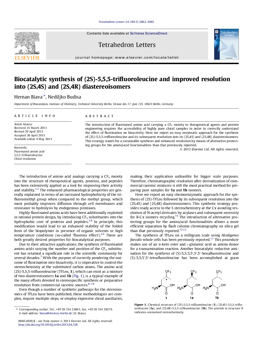 Biocatalytic synthesis of (2S)-5,5,5-trifluoroleucine and improved resolution into (2S,4S) and (2S,4R) diastereoisomers