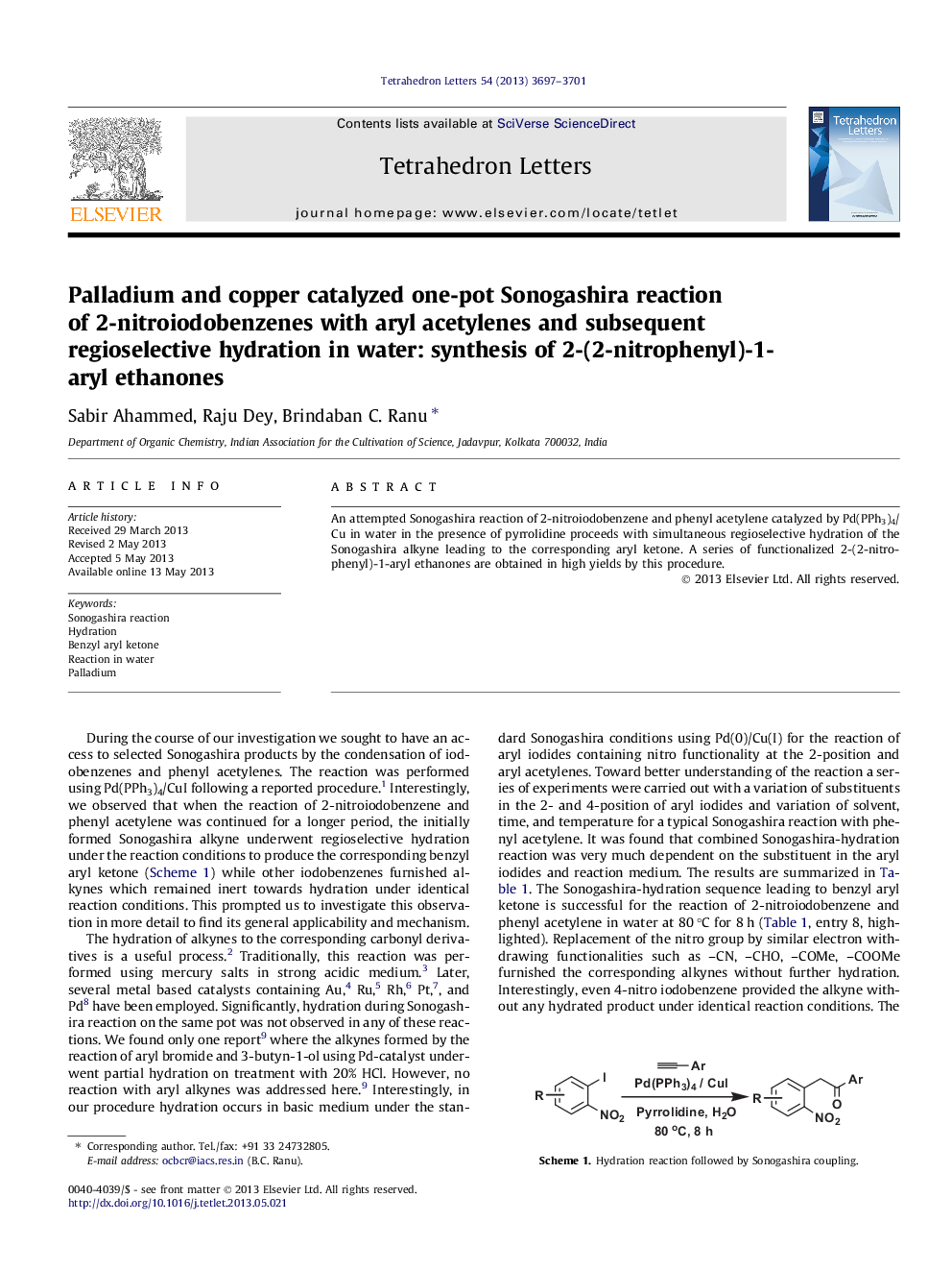 واکنش 2-نیتروییدوبنزنها با آریل استیلنها و هیدراتاسیون رژئوزلیتیک در آب: پالادیوم و مس کات کاتالیز شده یک گلدان سونوگاشیرا: سنتز 2- (2-نیترفنیل) -1 -آری اتانون 