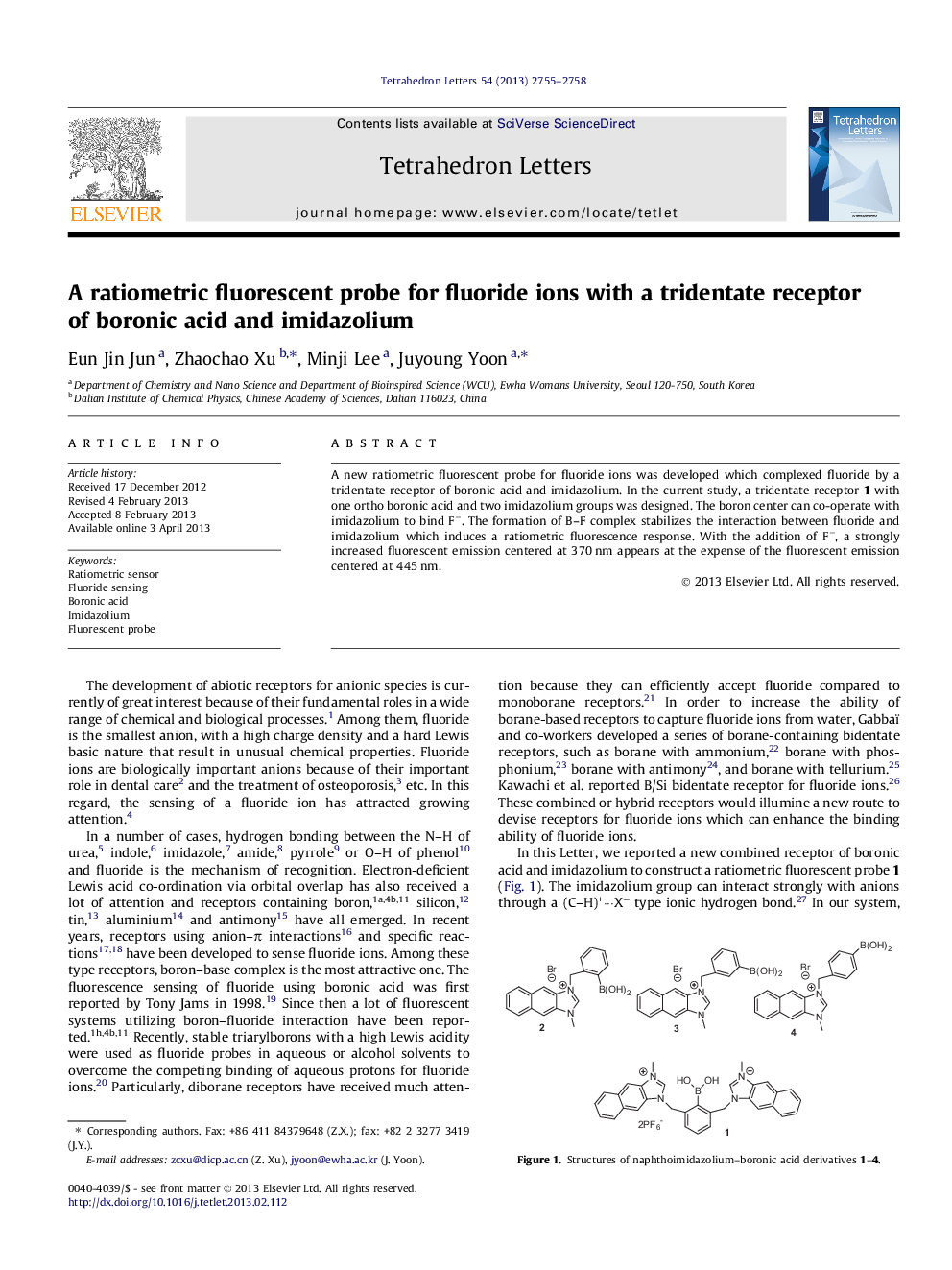یک پروب فلورسنت متراکم برای یونهای فلوراید با گیرنده تراژدیک اسید بوروئیک و ایامادازولیوم 