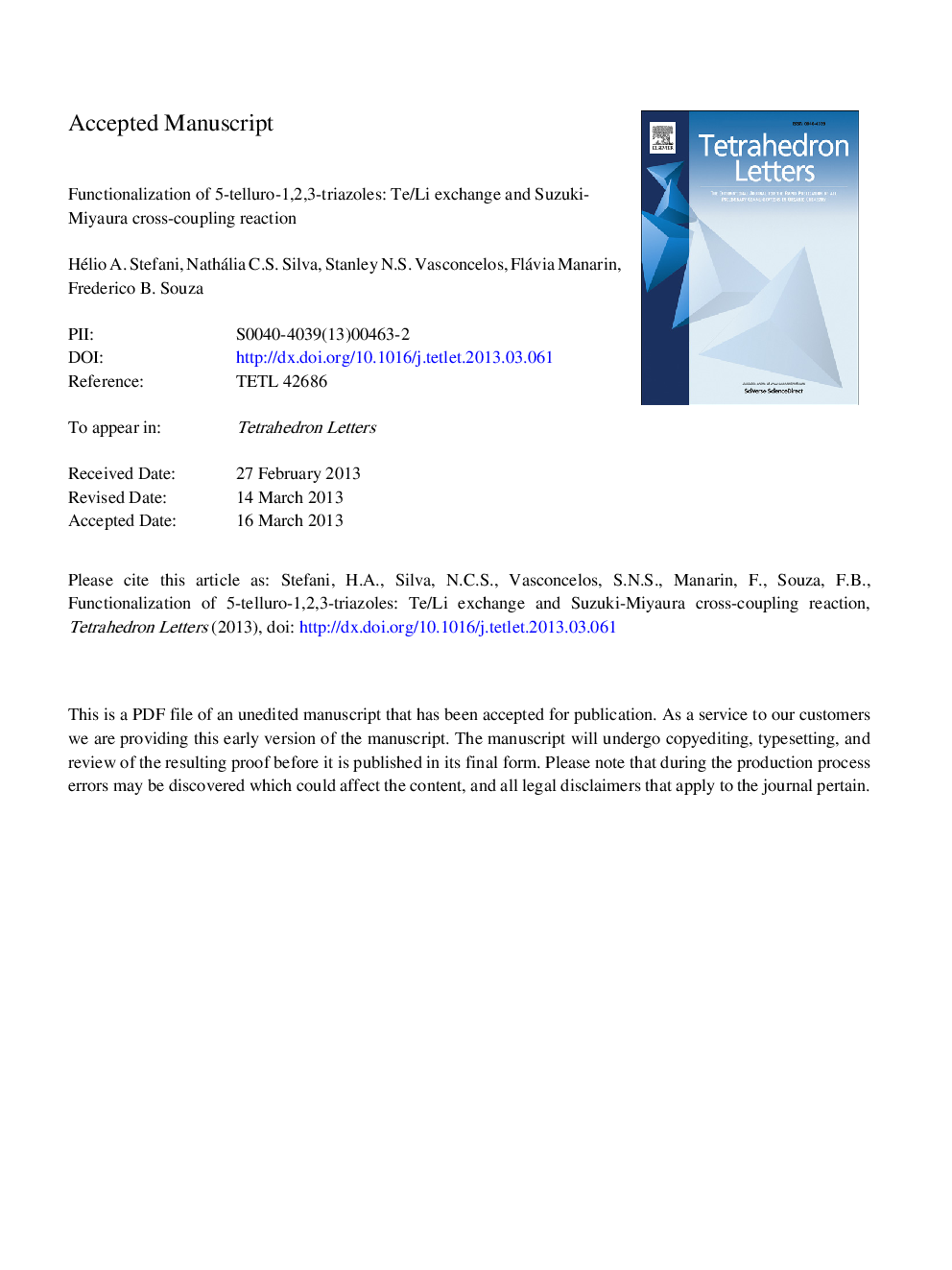 Functionalization of 5-telluro-1,2,3-triazoles: Te/Li exchange and Suzuki-Miyaura cross-coupling reaction