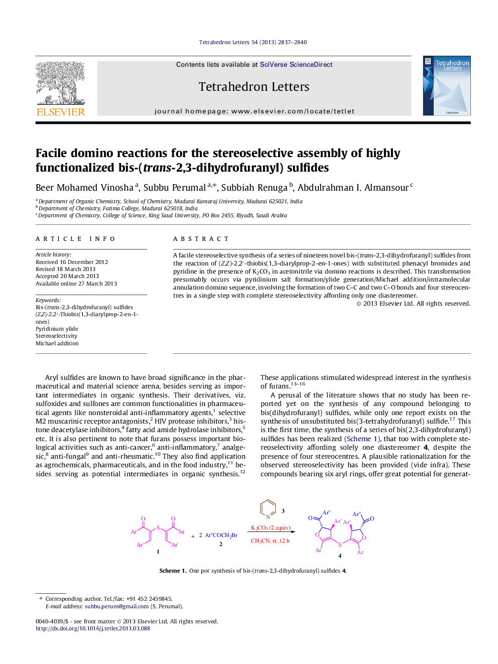 Facile domino reactions for the stereoselective assembly of highly functionalized bis-(trans-2,3-dihydrofuranyl) sulfides