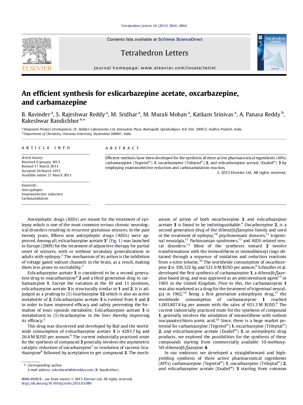 An efficient synthesis for eslicarbazepine acetate, oxcarbazepine, and carbamazepine