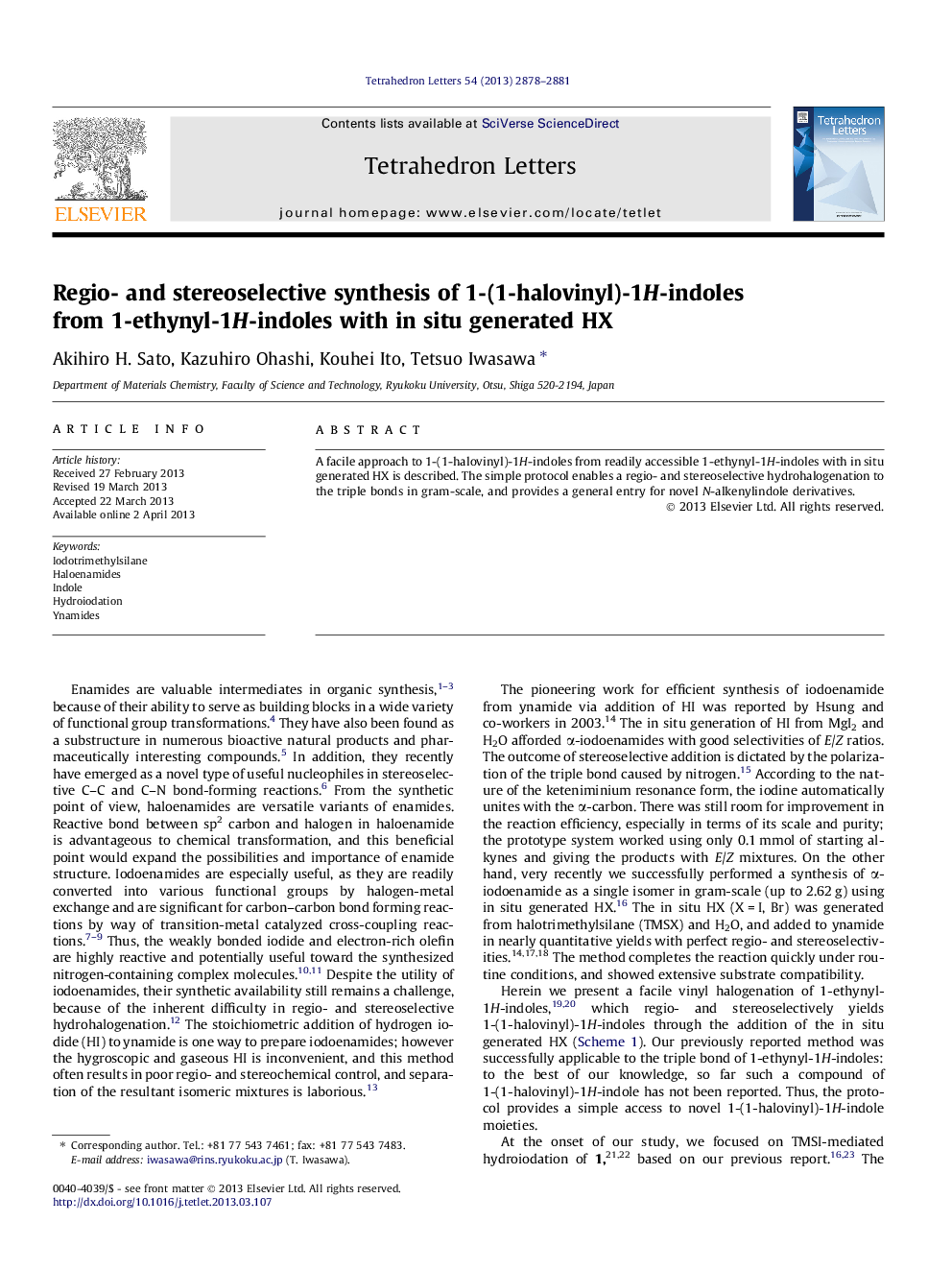 Regio- and stereoselective synthesis of 1-(1-halovinyl)-1H-indoles from 1-ethynyl-1H-indoles with in situ generated HX