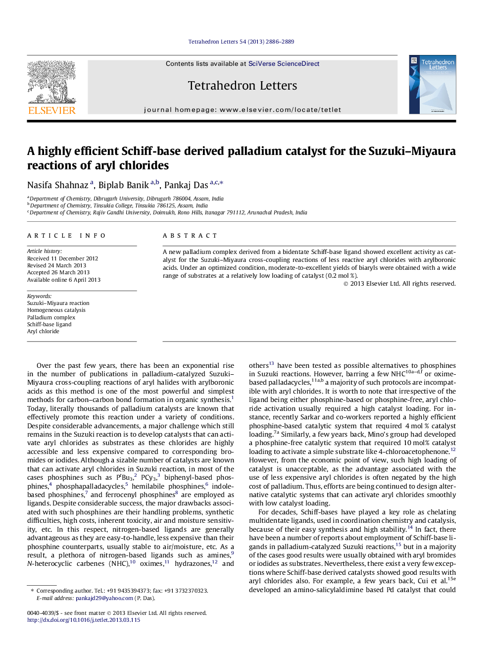 A highly efficient Schiff-base derived palladium catalyst for the Suzuki-Miyaura reactions of aryl chlorides