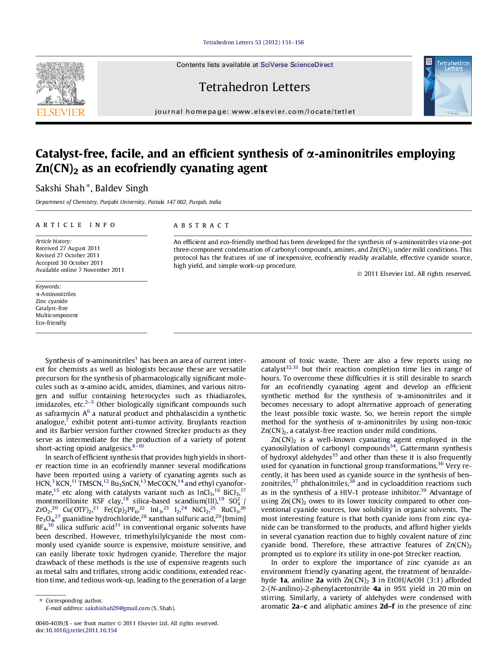 Catalyst-free, facile, and an efficient synthesis of Î±-aminonitriles employing Zn(CN)2 as an ecofriendly cyanating agent