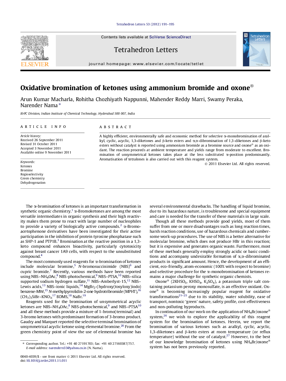 Oxidative bromination of ketones using ammonium bromide and oxone®