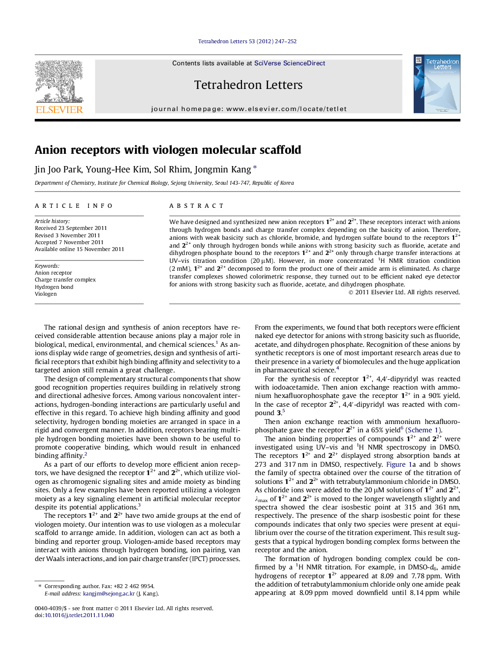 Anion receptors with viologen molecular scaffold