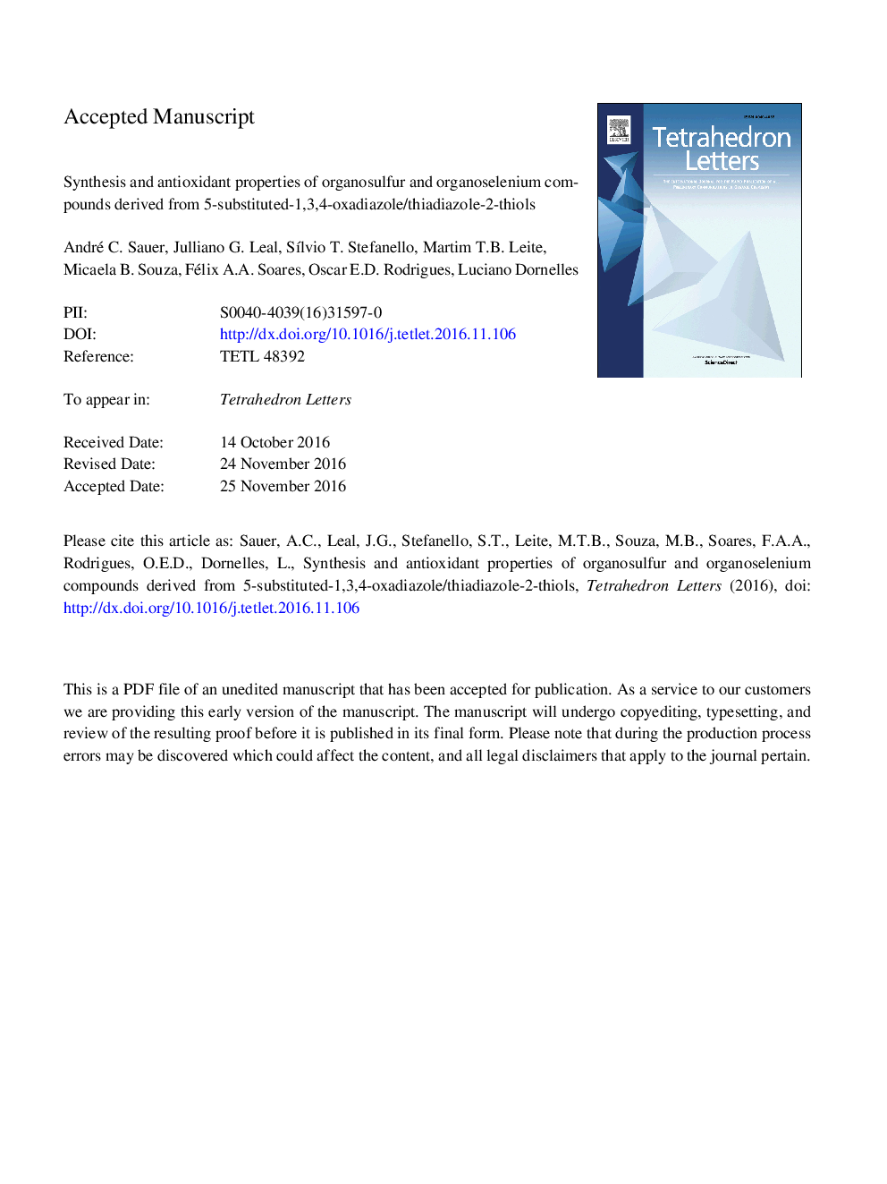 Synthesis and antioxidant properties of organosulfur and organoselenium compounds derived from 5-substituted-1,3,4-oxadiazole/thiadiazole-2-thiols