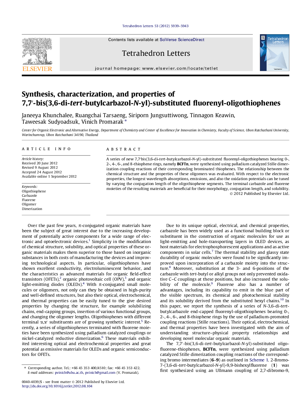 Synthesis, characterization, and properties of 7,7â²-bis(3,6-di-tert-butylcarbazol-N-yl)-substituted fluorenyl-oligothiophenes