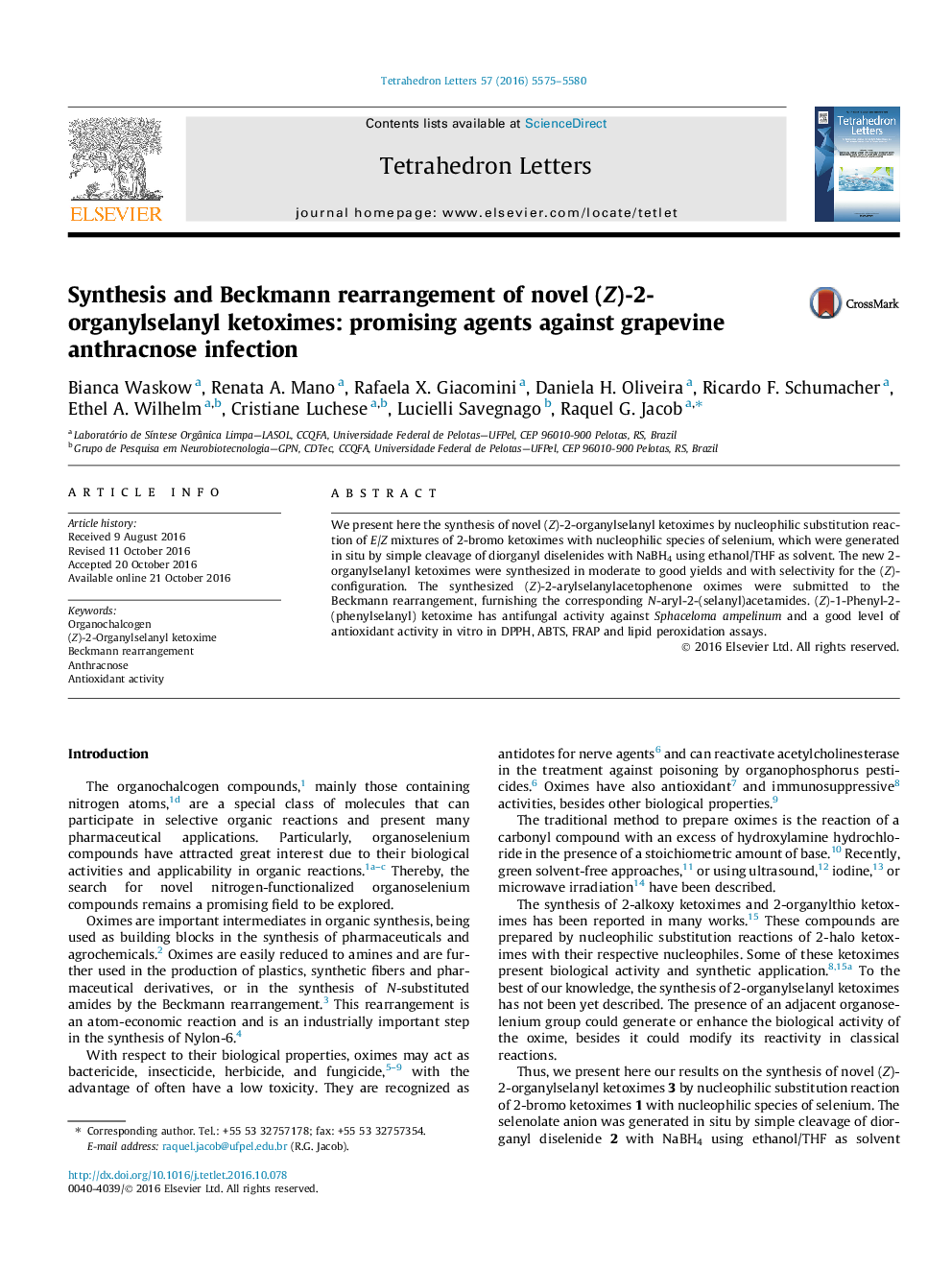 Synthesis and Beckmann rearrangement of novel (Z)-2-organylselanyl ketoximes: promising agents against grapevine anthracnose infection