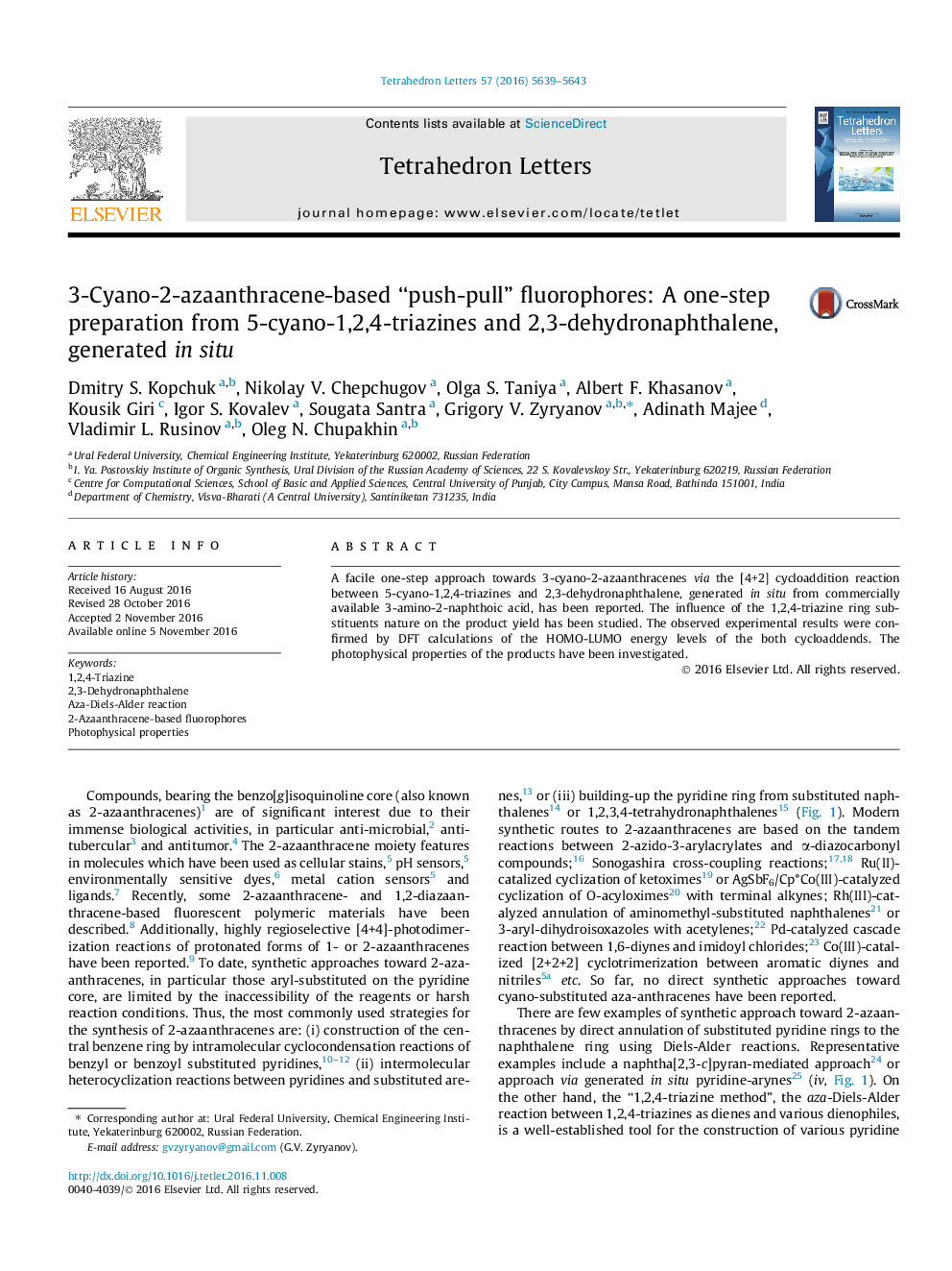 3-Cyano-2-azaanthracene-based “push-pull” fluorophores: A one-step preparation from 5-cyano-1,2,4-triazines and 2,3-dehydronaphthalene, generated in situ