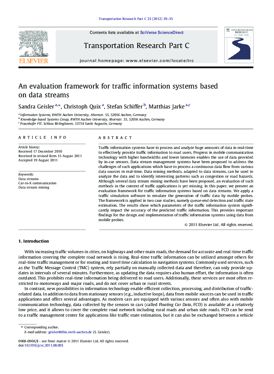 An evaluation framework for traffic information systems based on data streams