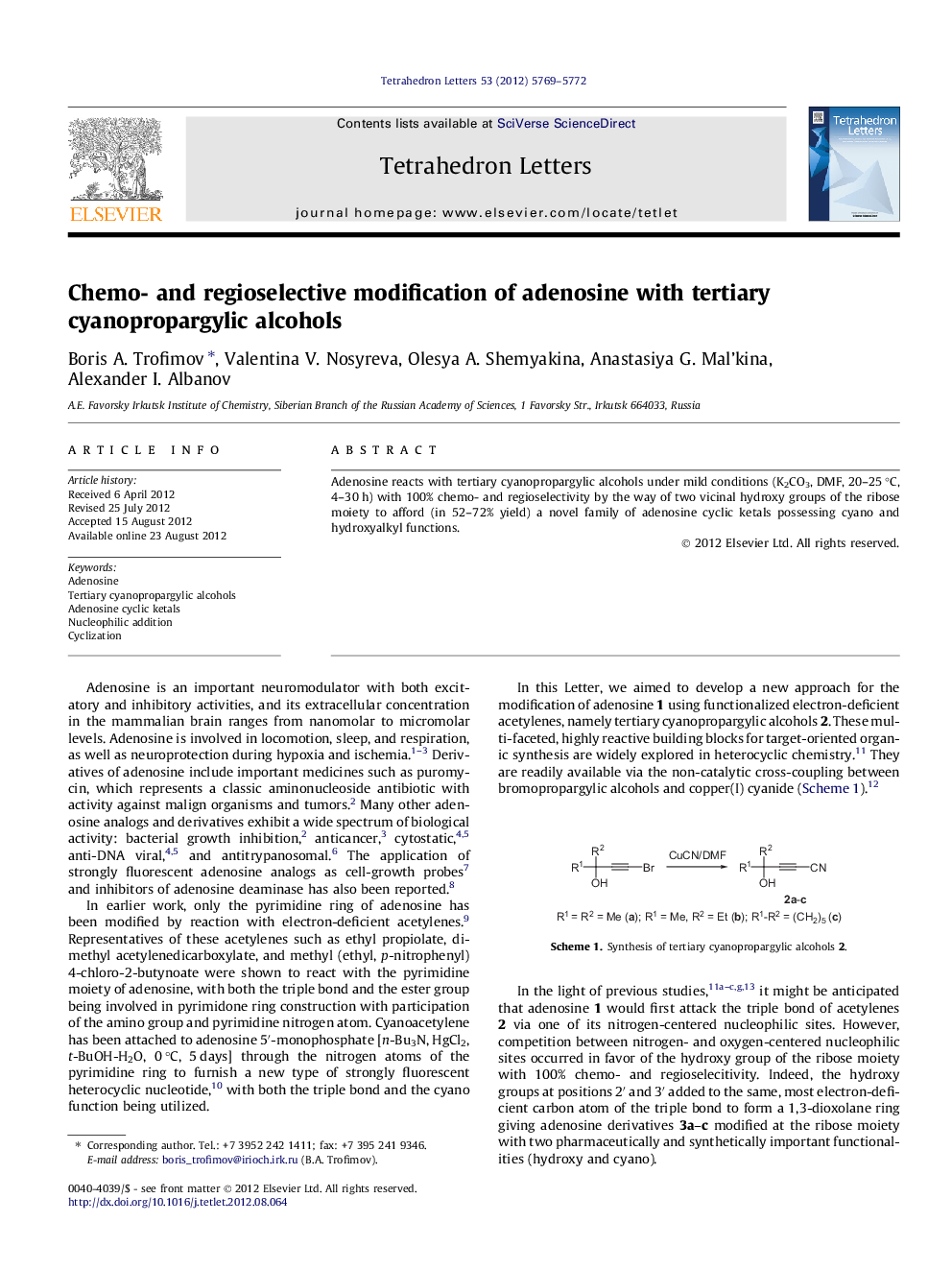 Ð¡hemo- and regioselective modification of adenosine with tertiary cyanopropargylic alcohols