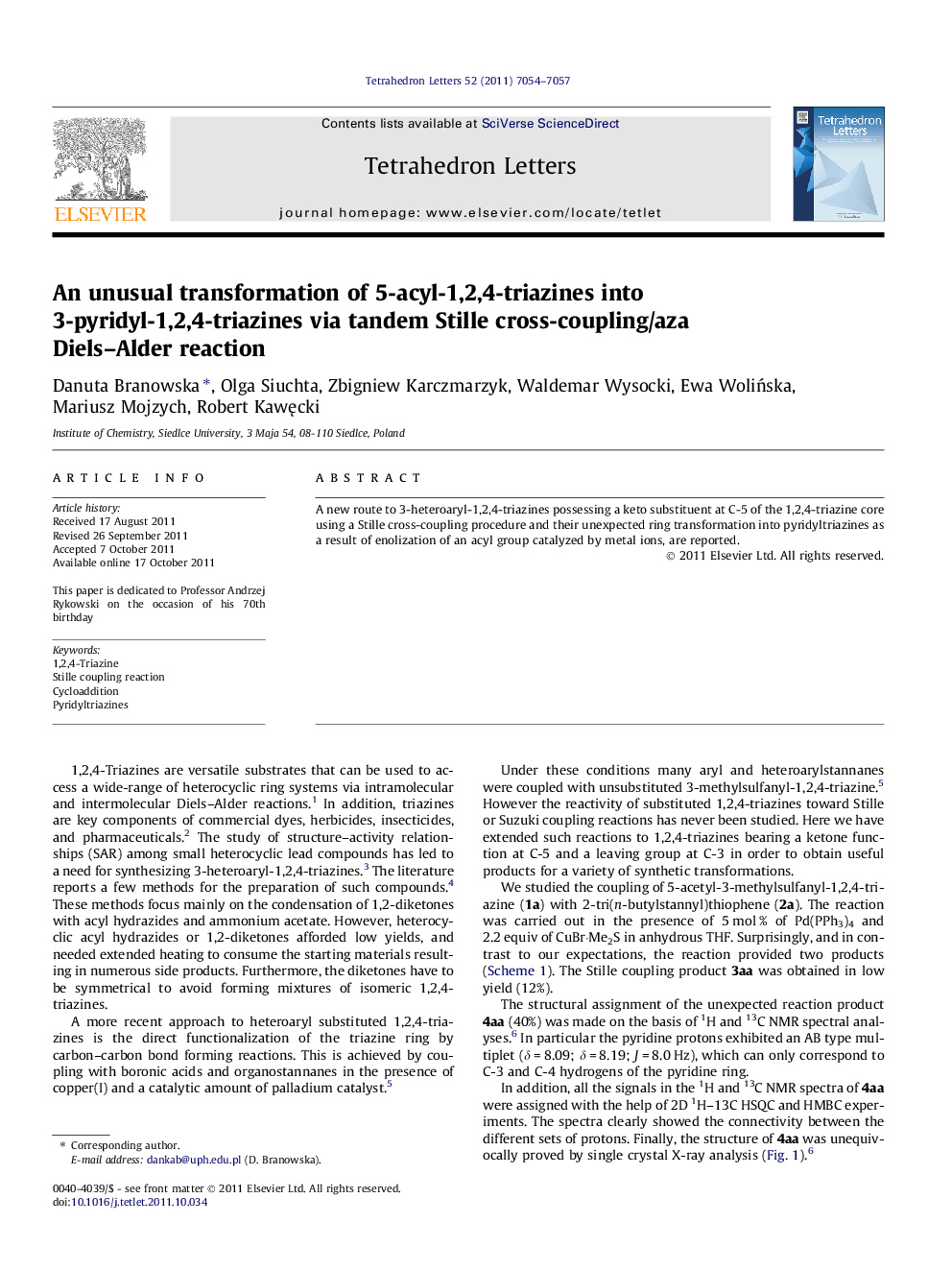 An unusual transformation of 5-acyl-1,2,4-triazines into 3-pyridyl-1,2,4-triazines via tandem Stille cross-coupling/aza Diels-Alder reaction