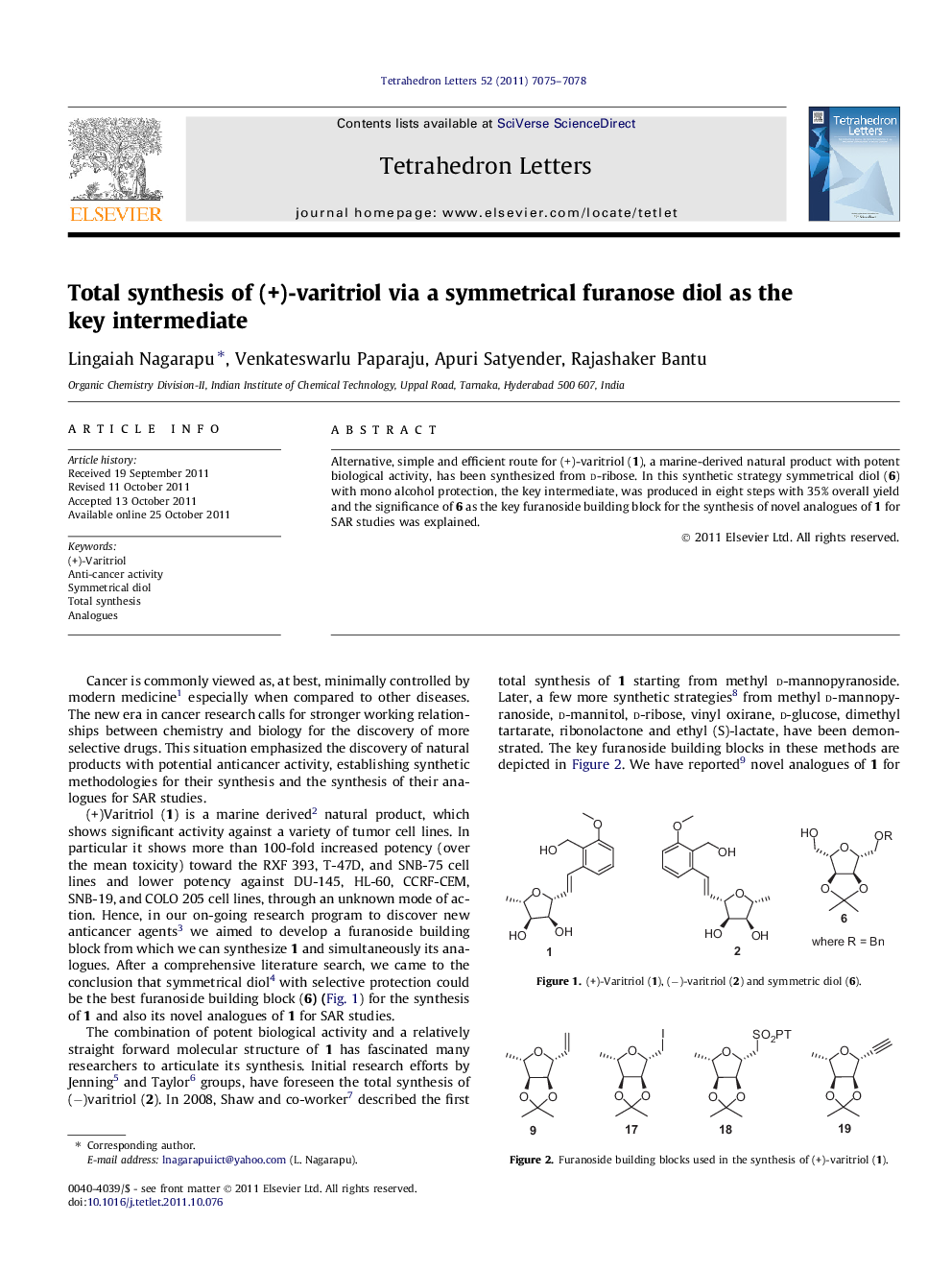 Total synthesis of (+)-varitriol via a symmetrical furanose diol as the key intermediate