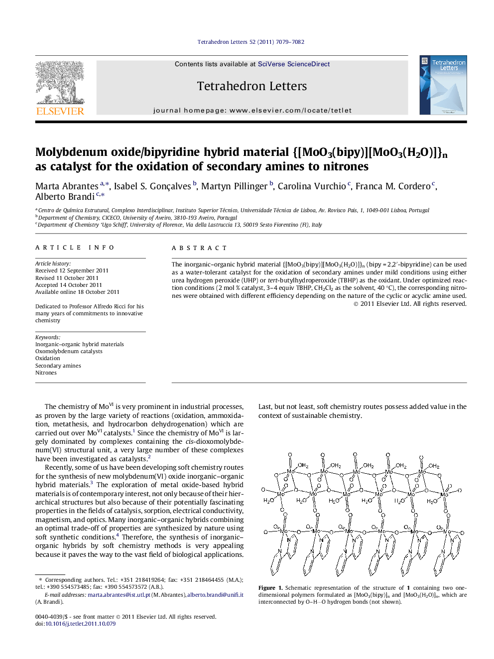 Molybdenum oxide/bipyridine hybrid material {[MoO3(bipy)][MoO3(H2O)]}n as catalyst for the oxidation of secondary amines to nitrones