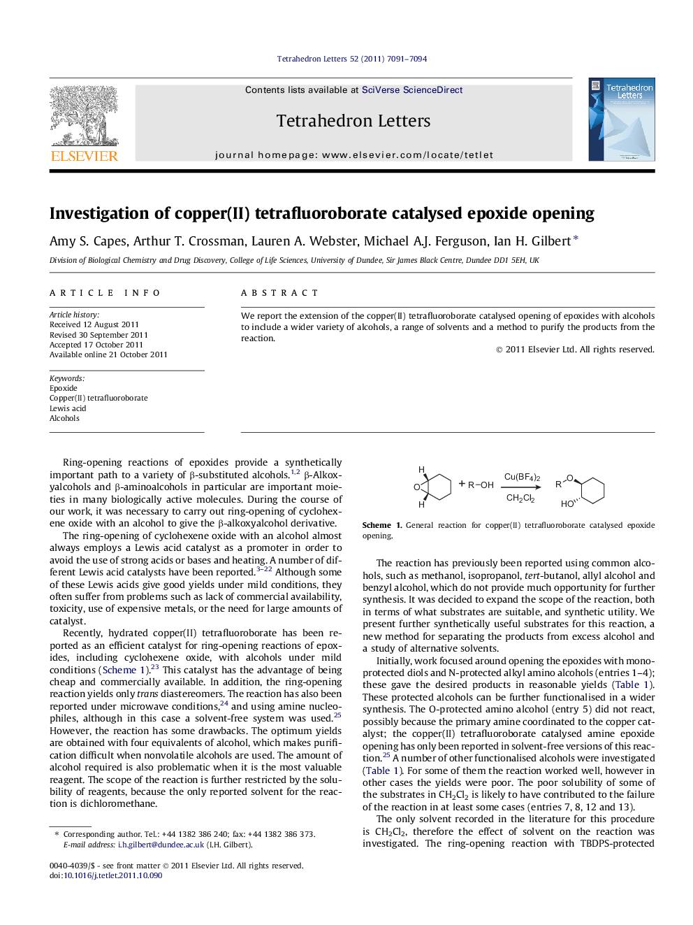 Investigation of copper(II) tetrafluoroborate catalysed epoxide opening