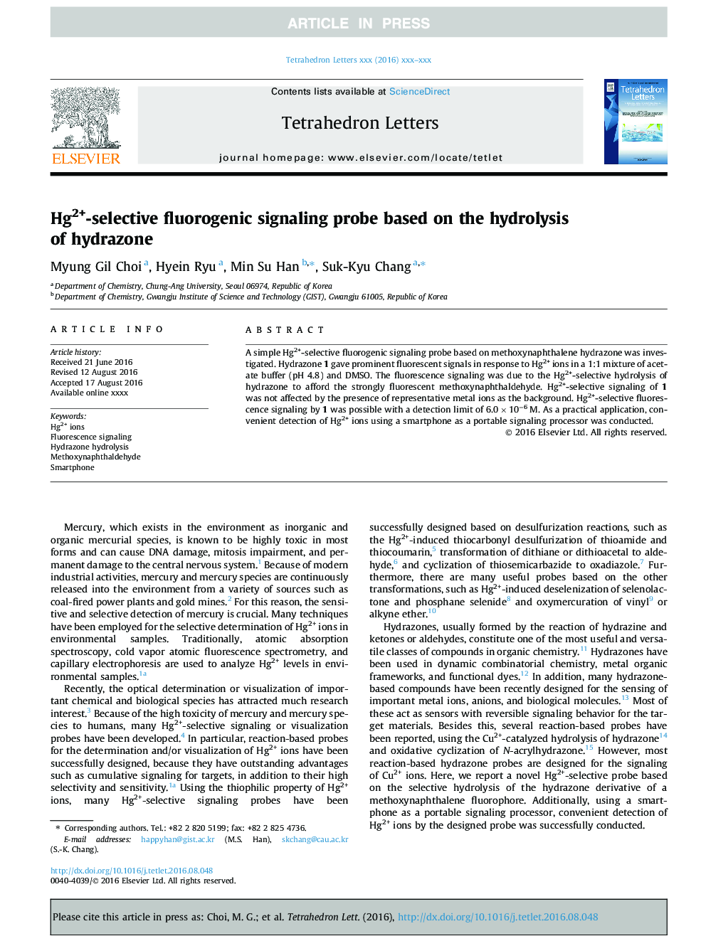 Hg2+-selective fluorogenic signaling probe based on the hydrolysis of hydrazone